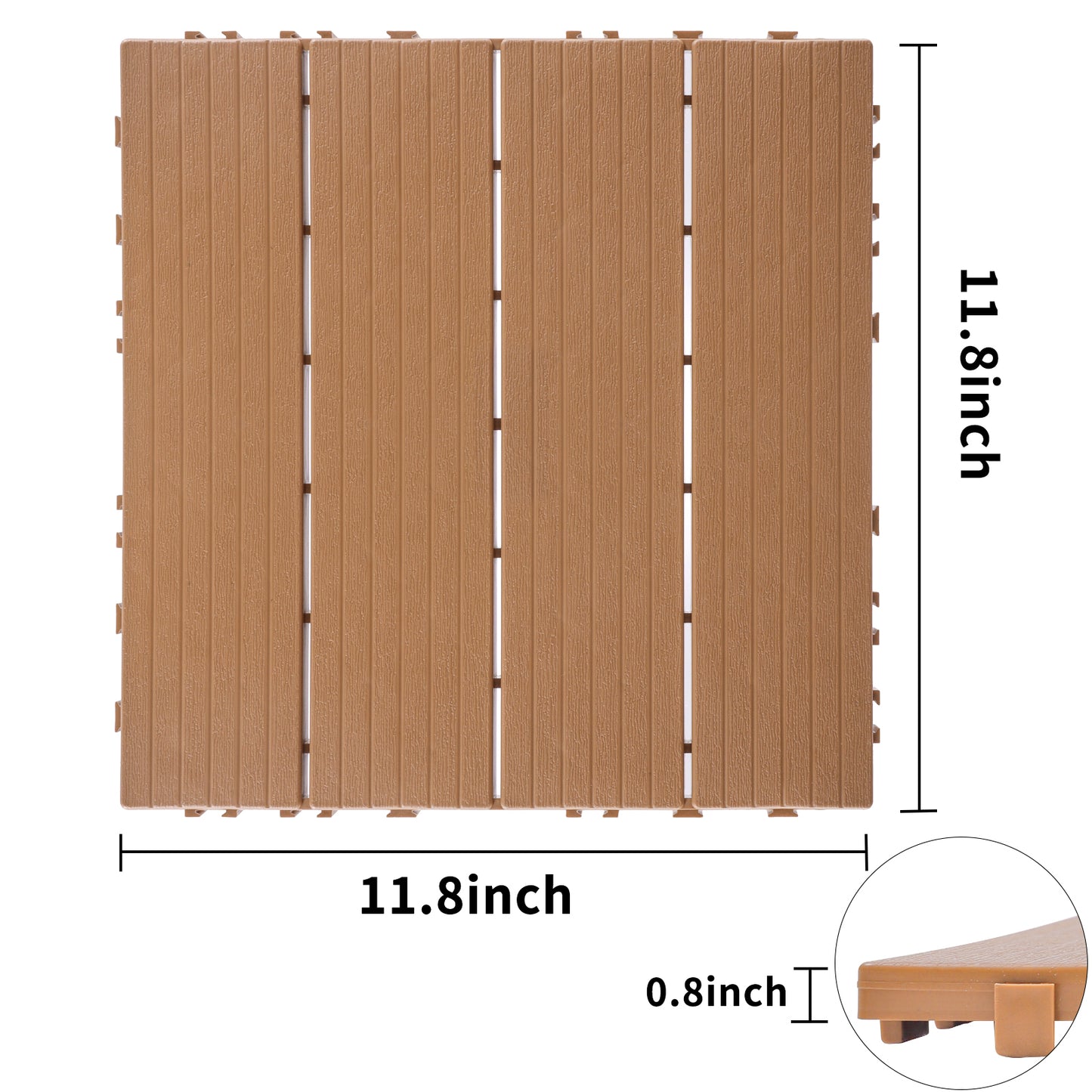 Brown interlocking deck tiles with a wood grain texture inches square