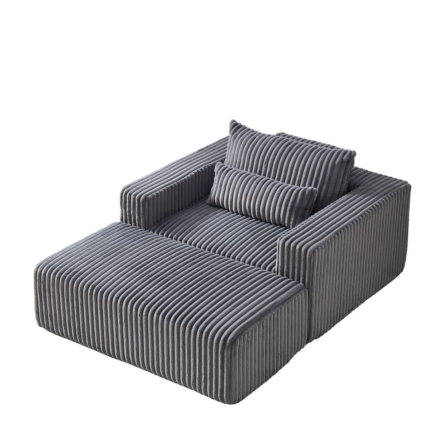 Plush grey corduroy sectional sofa with matching ottoman and throw pillows