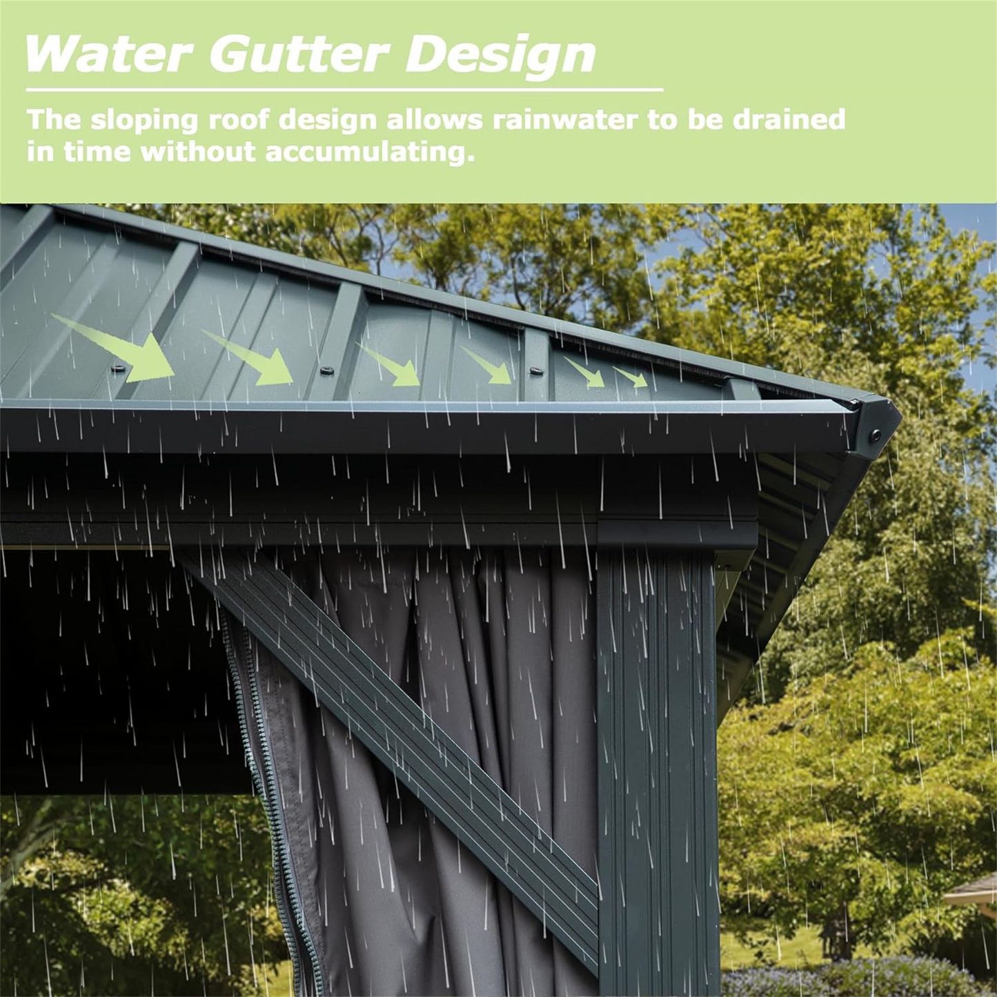 Dark green metal gazebo roof with water gutter design and rain falling