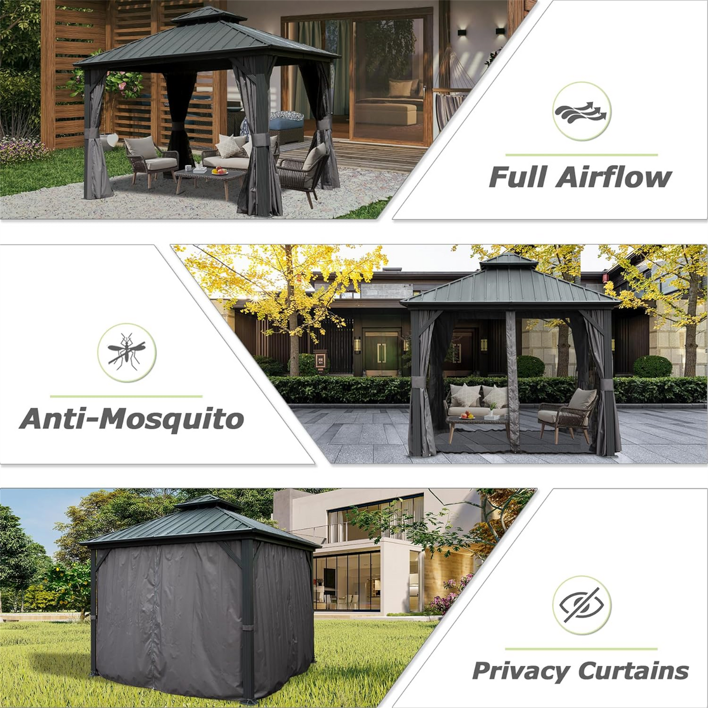 Dark grey metal gazebo with furniture and full airflow design