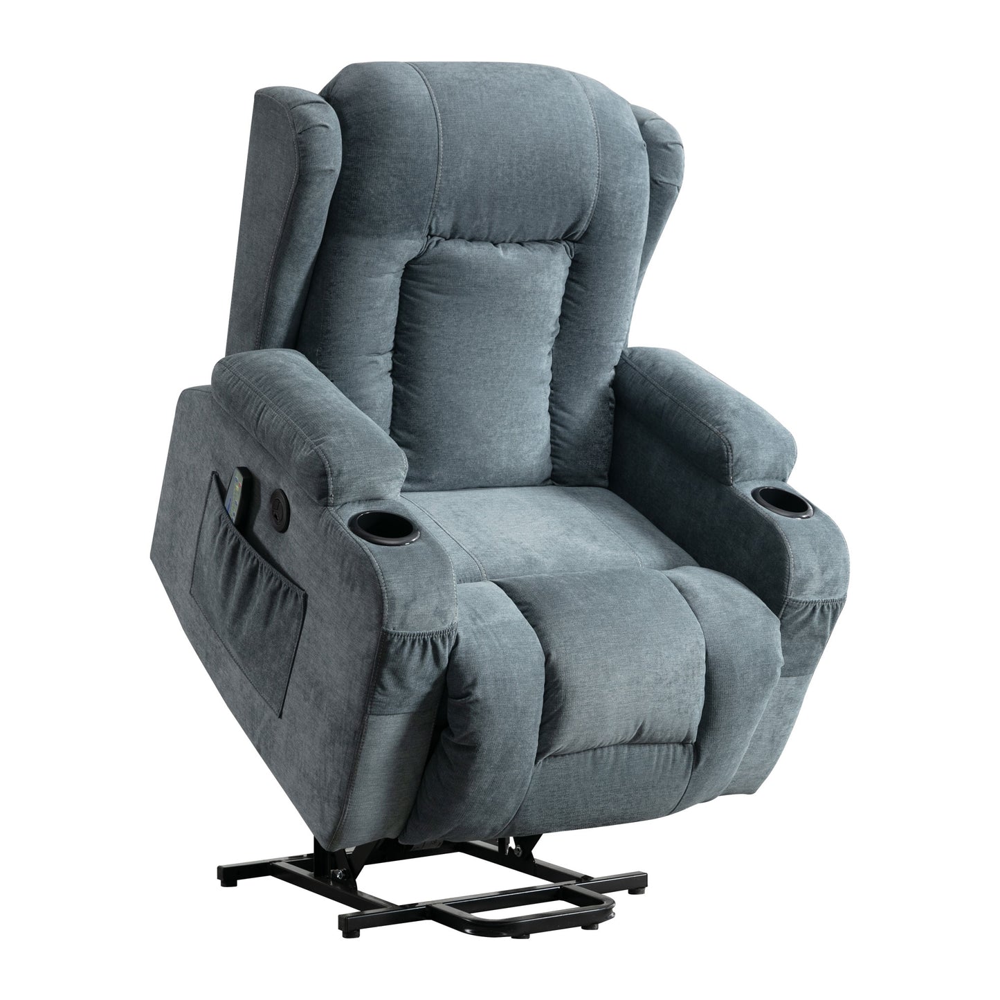Grey fabric lift recliner with cup holders and side pocket