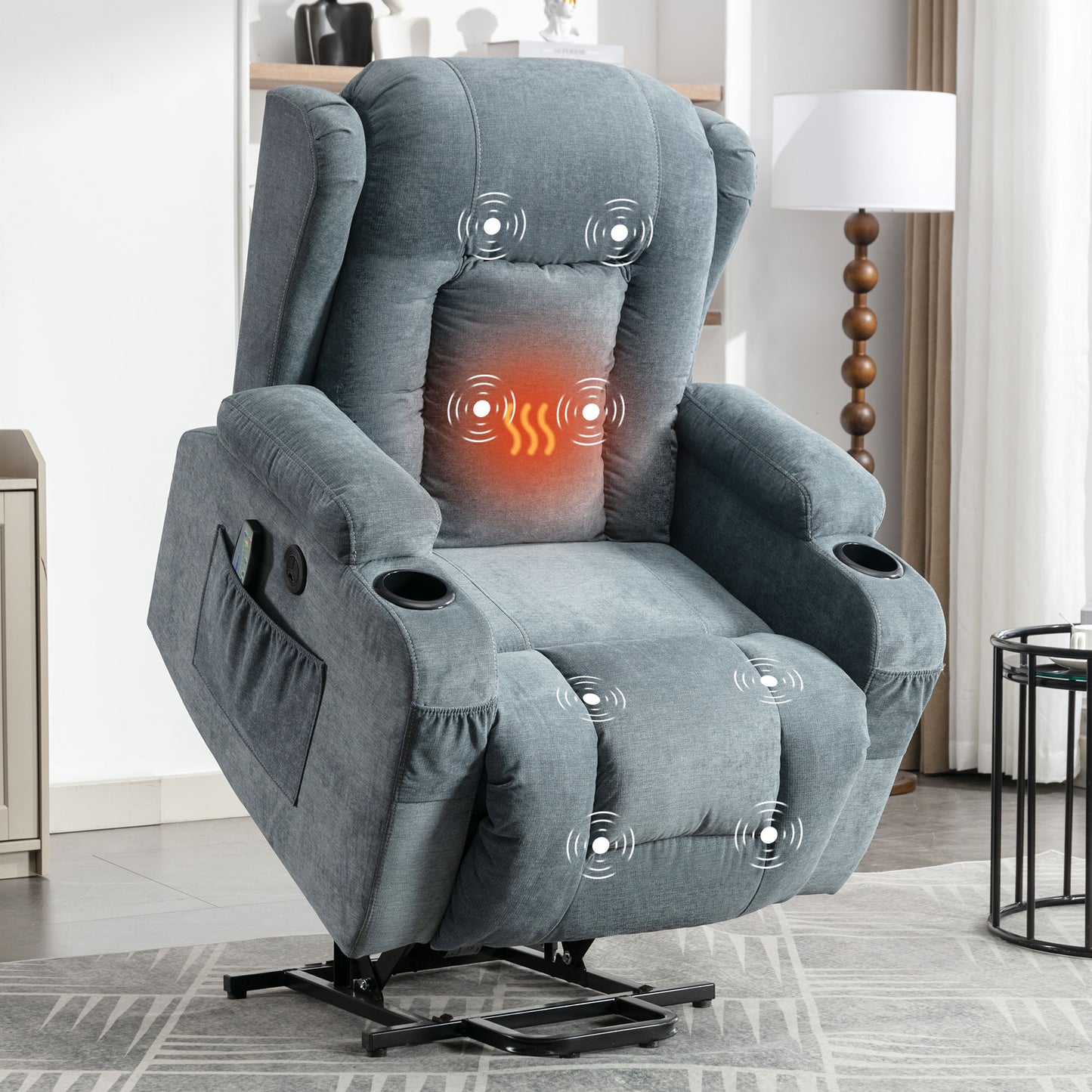 Grey fabric lift chair with heating and massage features cup holders and side pocket