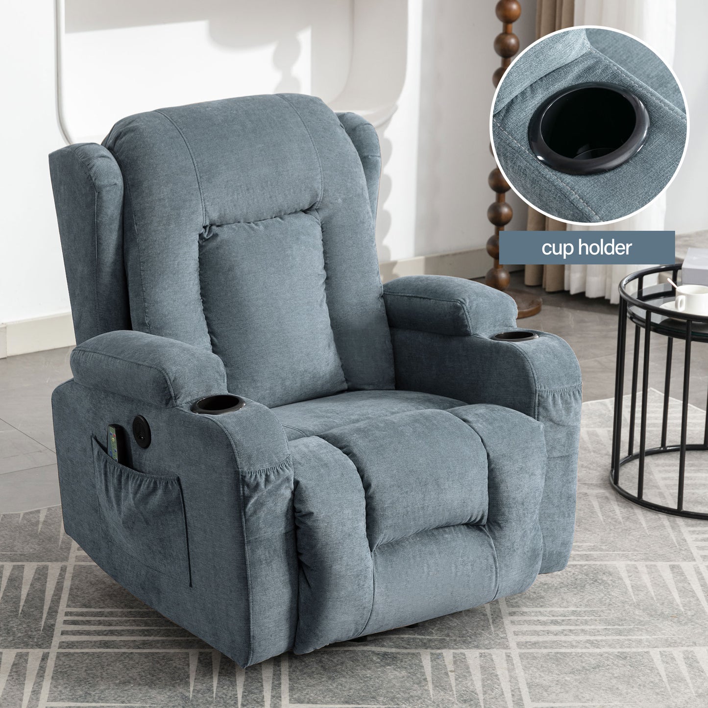 Comfortable grey fabric recliner with dual cup holders and side pocket for remote