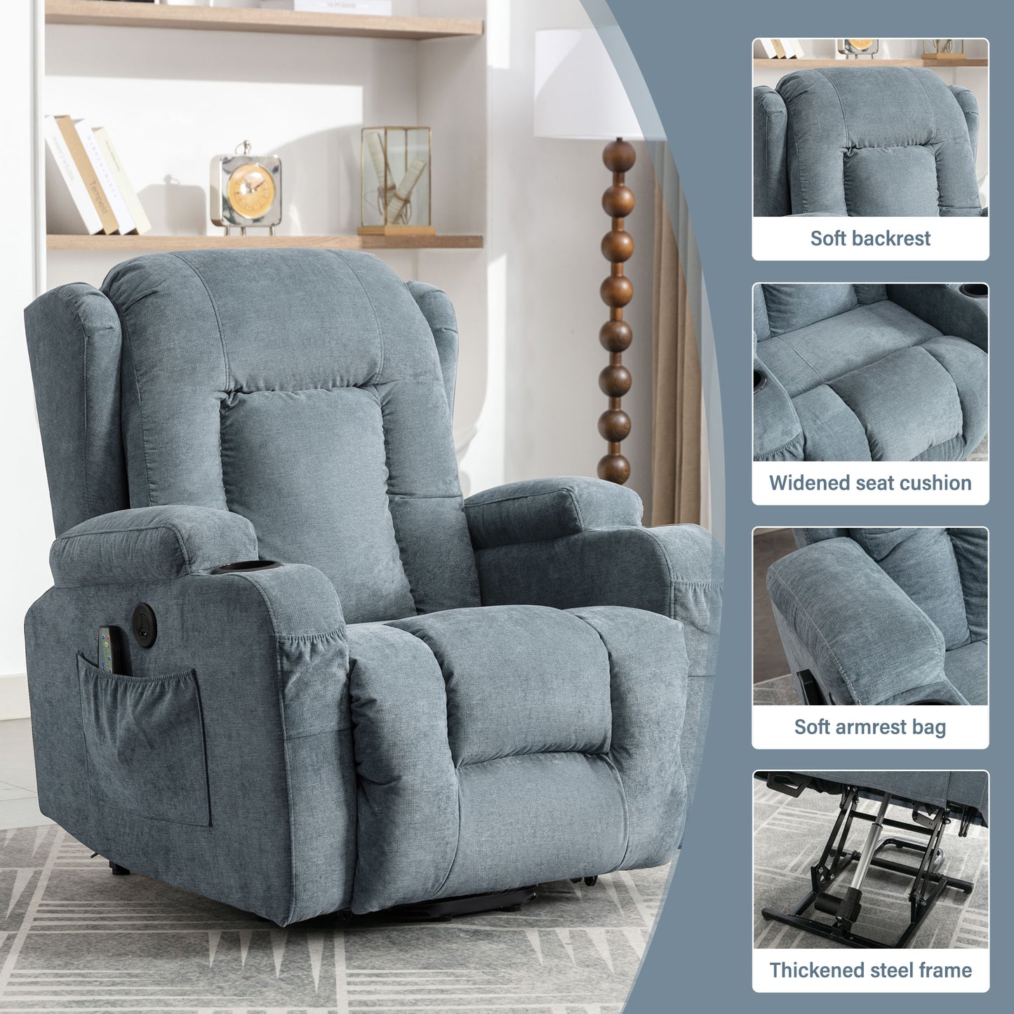 Comfortable blue fabric recliner chair with plush cushioning and cup holder