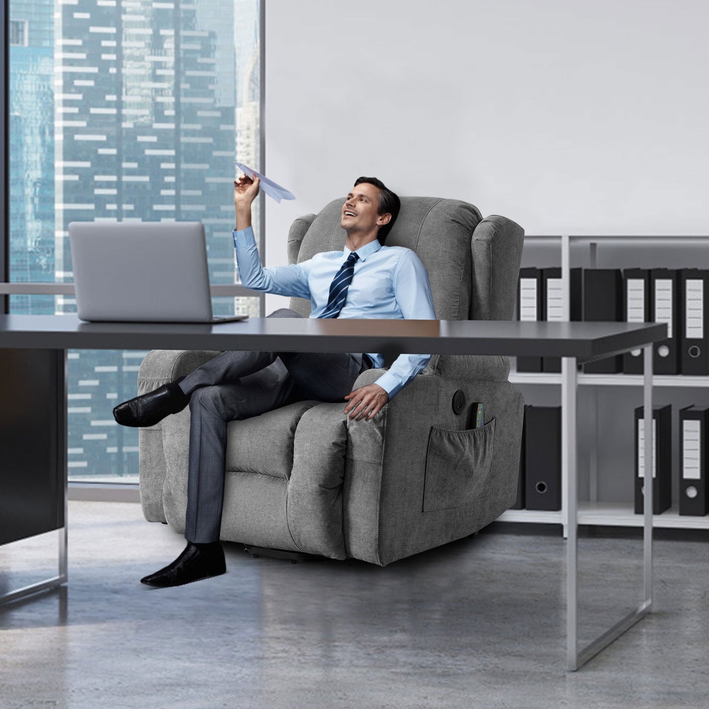 Modern gray fabric recliner with plush armrests and side pocket