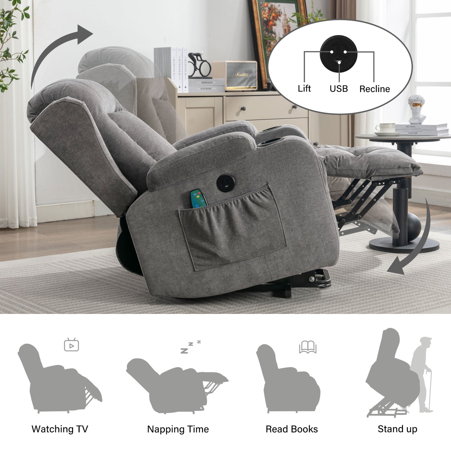 Gray fabric electric recliner chair with footrest in upright position