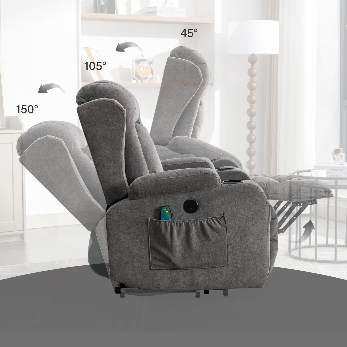 Grey fabric recliner chair showing recline angle with cup holders and remote