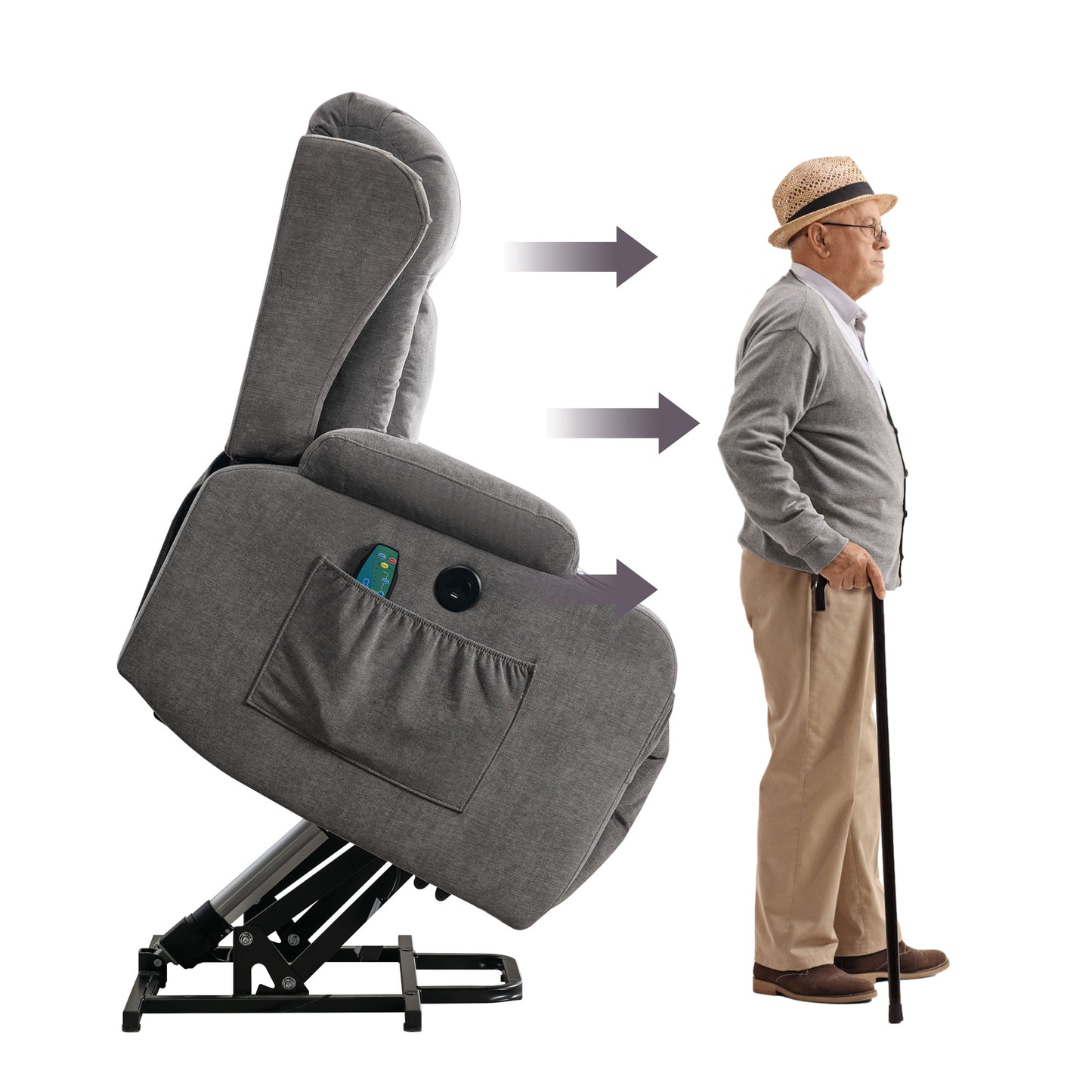 Gray fabric lift chair with remote and side pocket aiding an elderly man