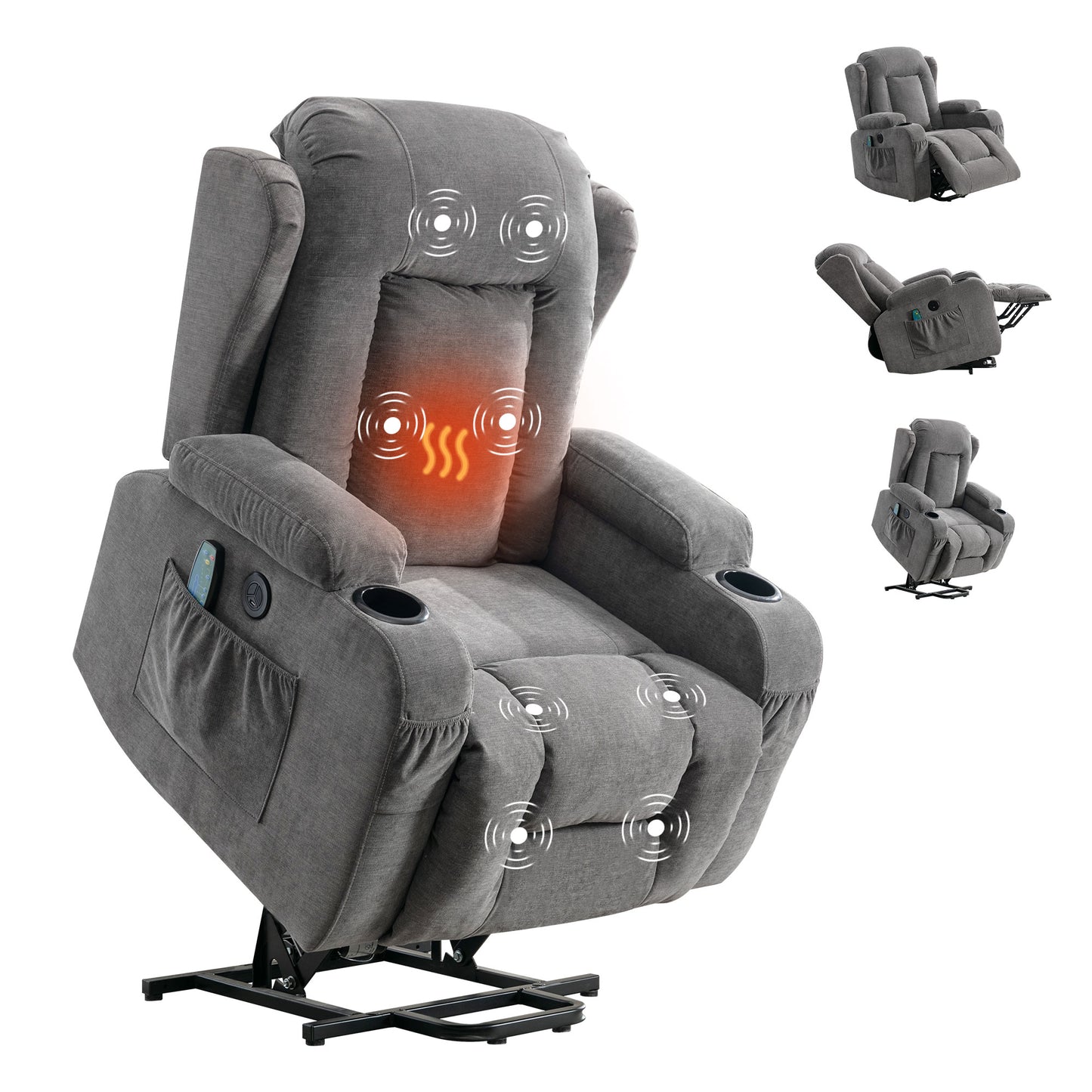 Gray fabric lift chair with heating and massage functions featuring cup holders and side pockets