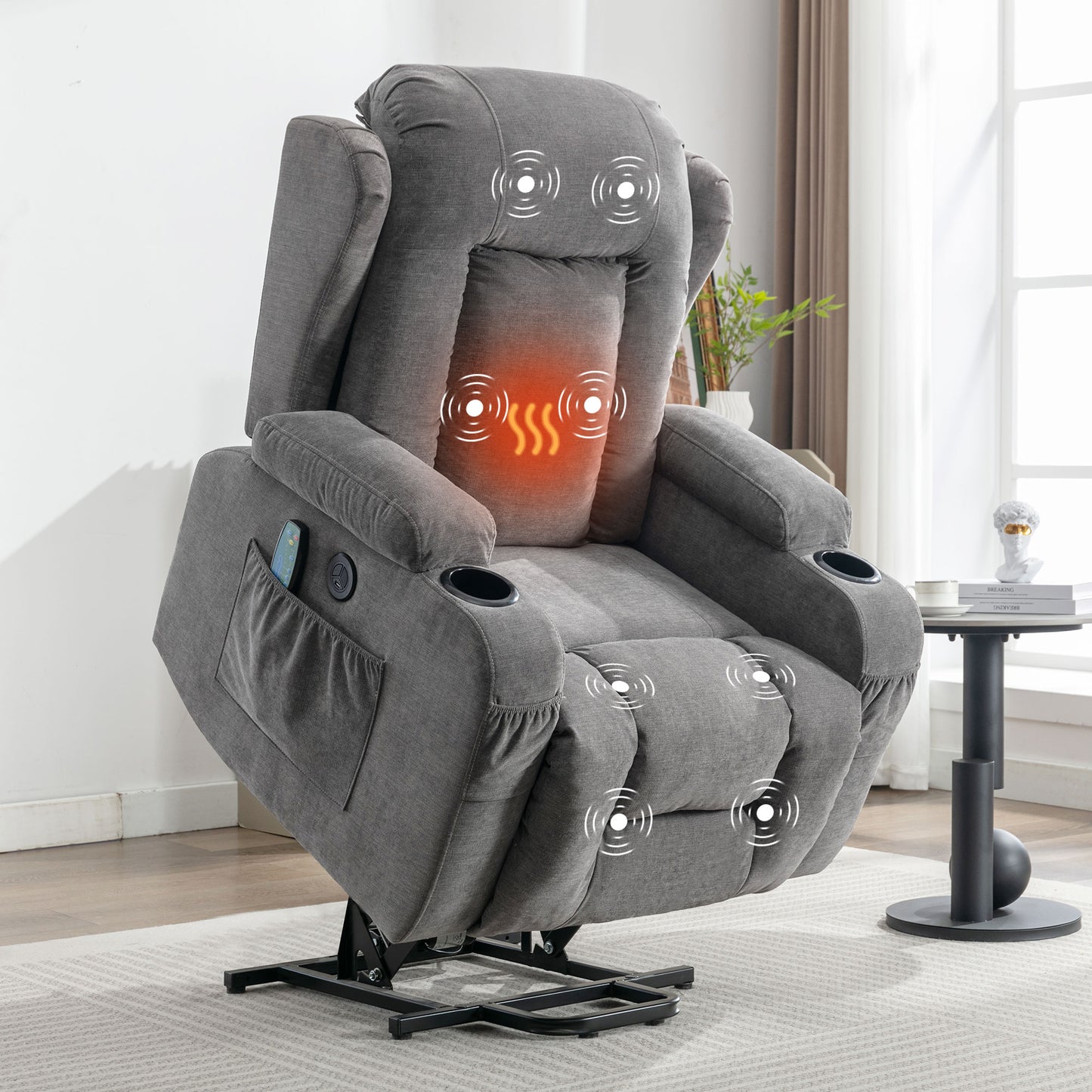 Gray fabric lift chair with massage and heat features for elderly comfort