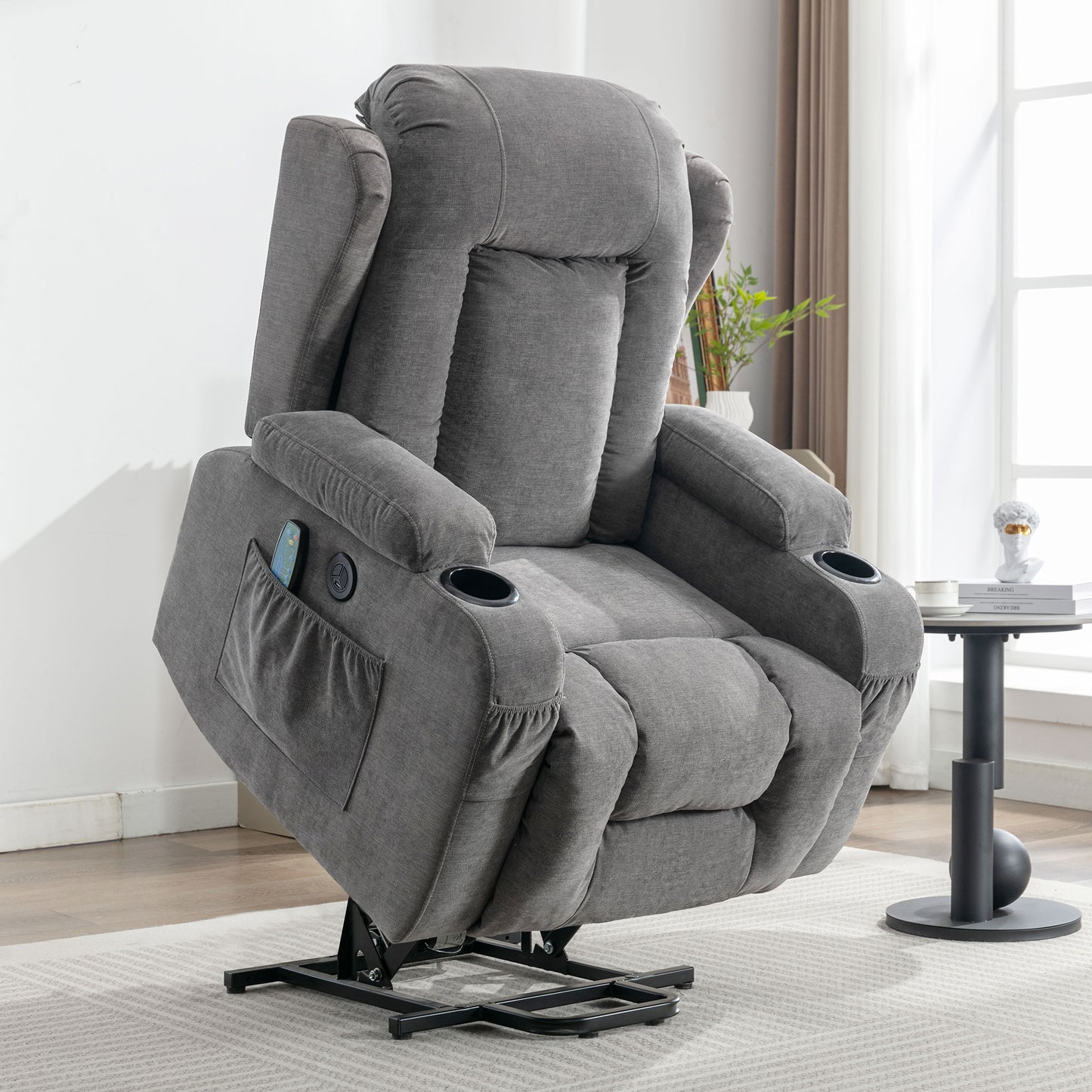 Gray fabric lift recliner chair with cup holders and side pocket