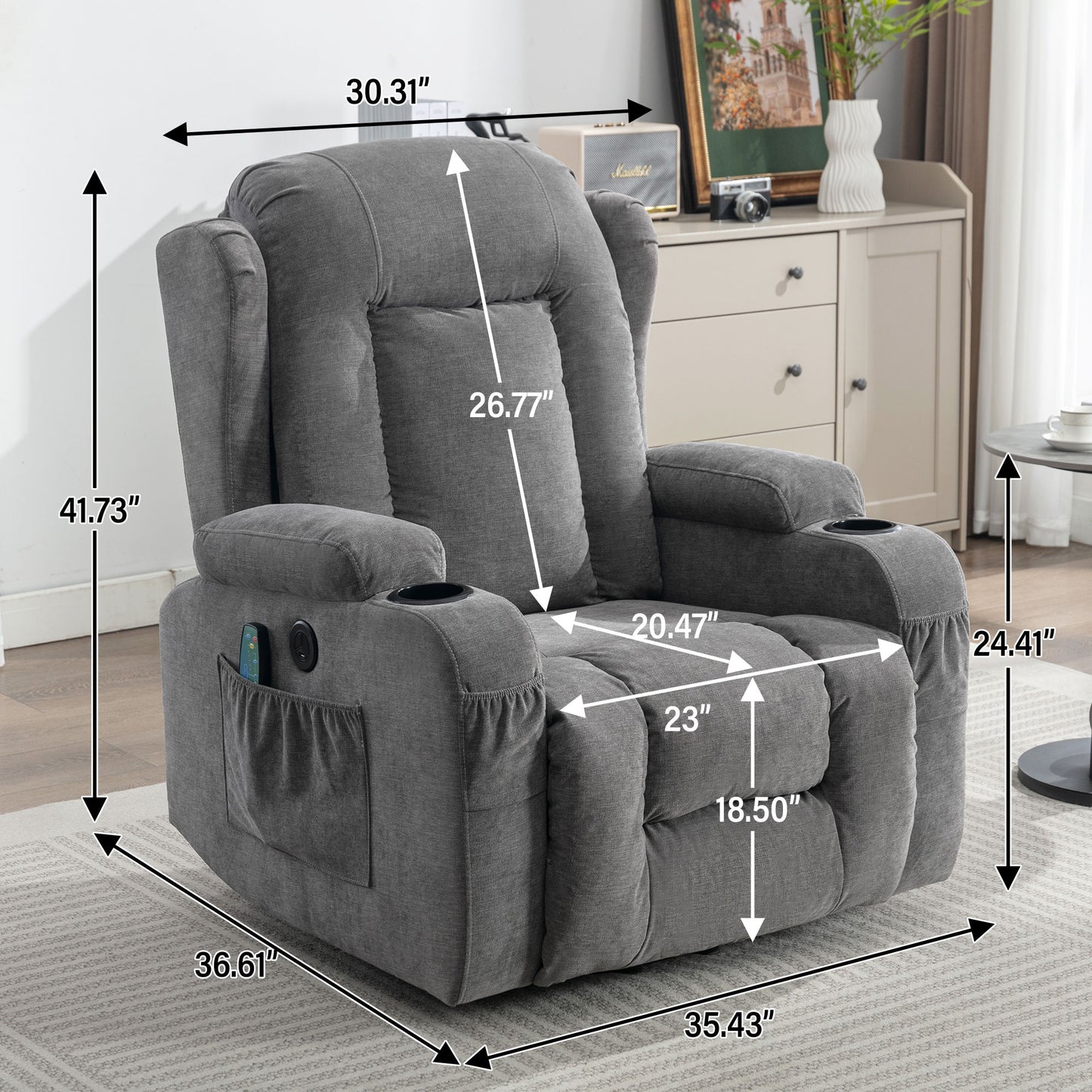 Comfortable gray fabric recliner chair with cup holders and side pockets