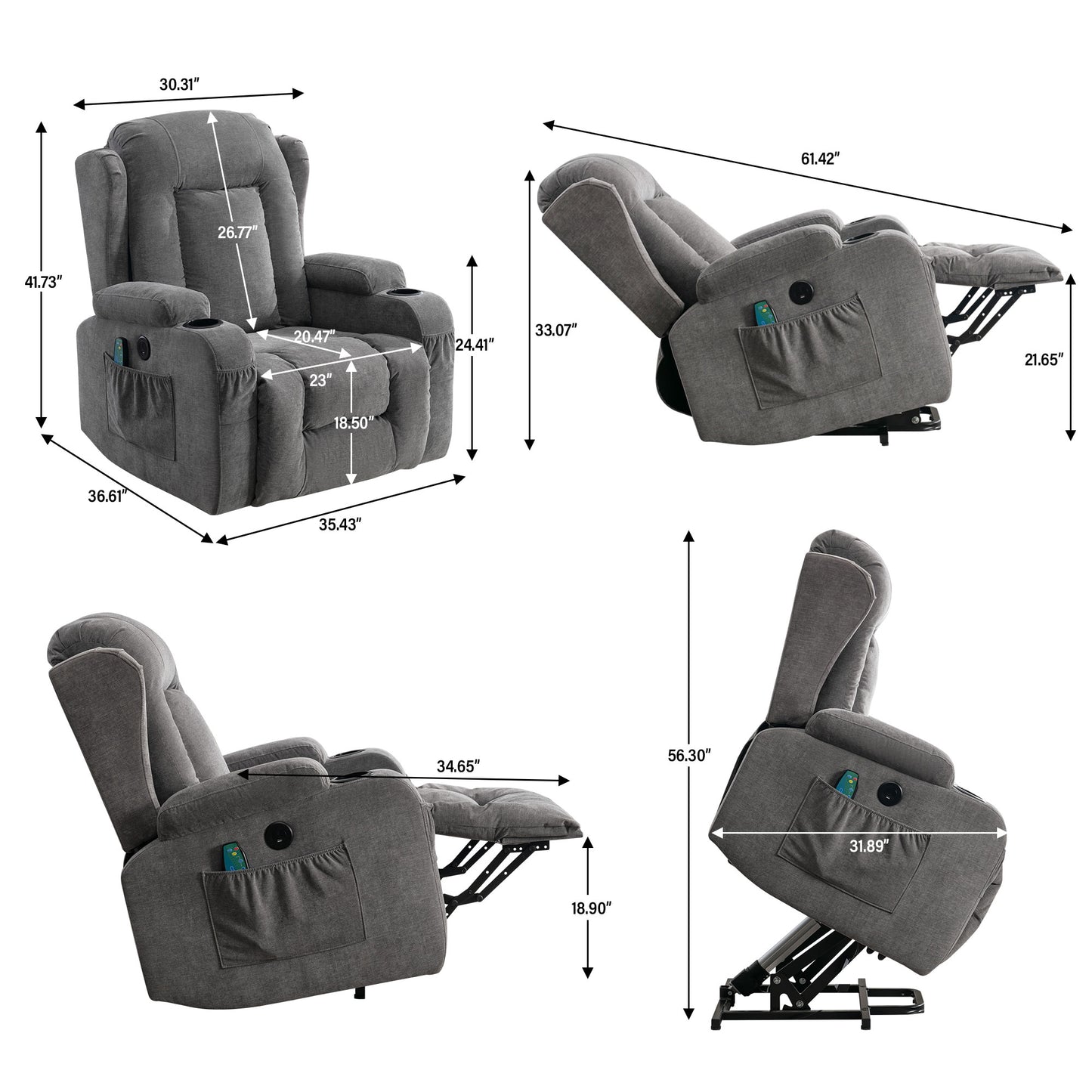 Grey fabric recliner chair with cup holders and side pockets for comfort and storage