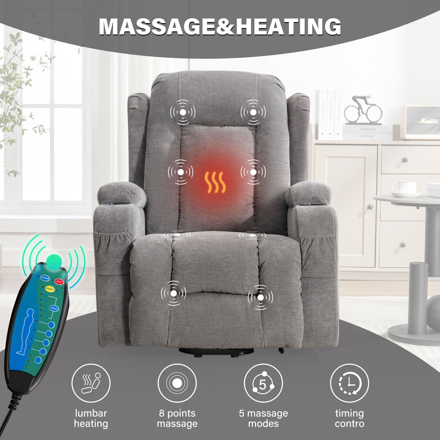 Gray fabric recliner with lumbar heating and massage functions