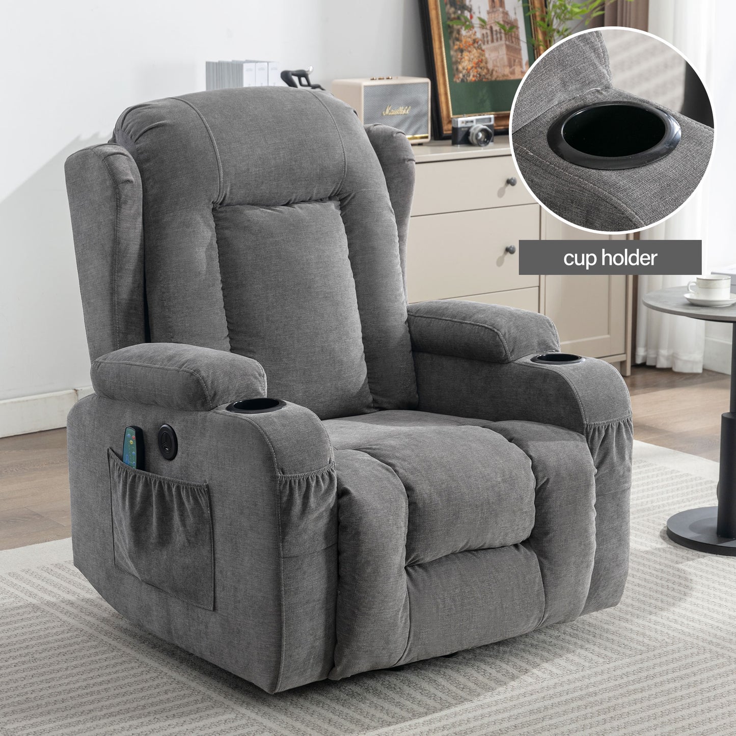 Comfortable grey fabric recliner chair with builtin cup holders