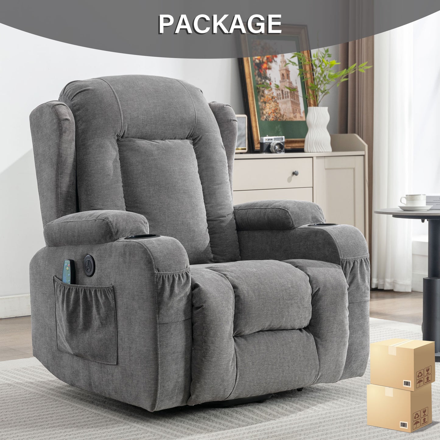 Gray upholstered power recliner chair with remote and cup holders
