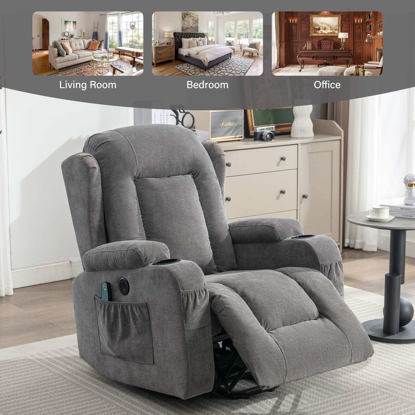 Comfortable gray fabric recliner chair with cup holders and side pocket