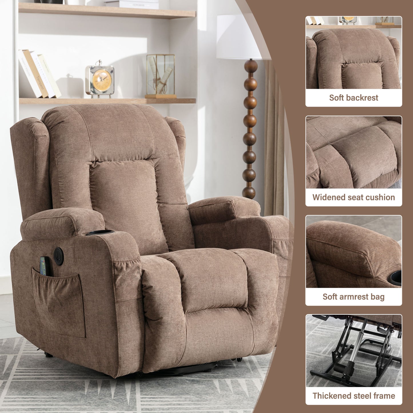 Brown fabric recliner chair with padded headrest and cup holder