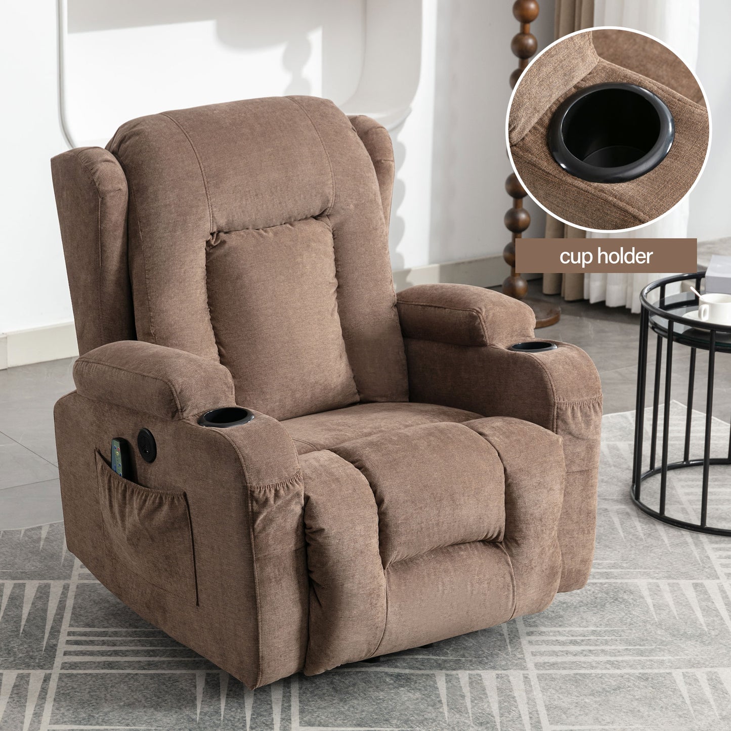 Brown fabric recliner chair with cup holder and side pocket