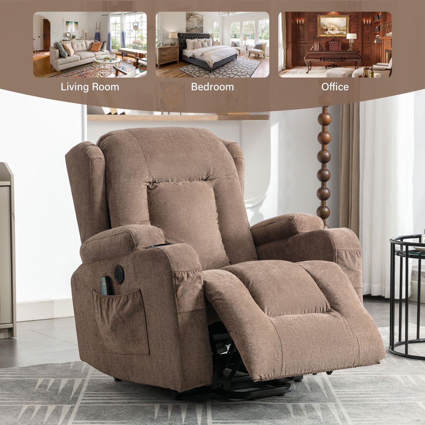 Brown fabric power recliner with cup holder and side pocket