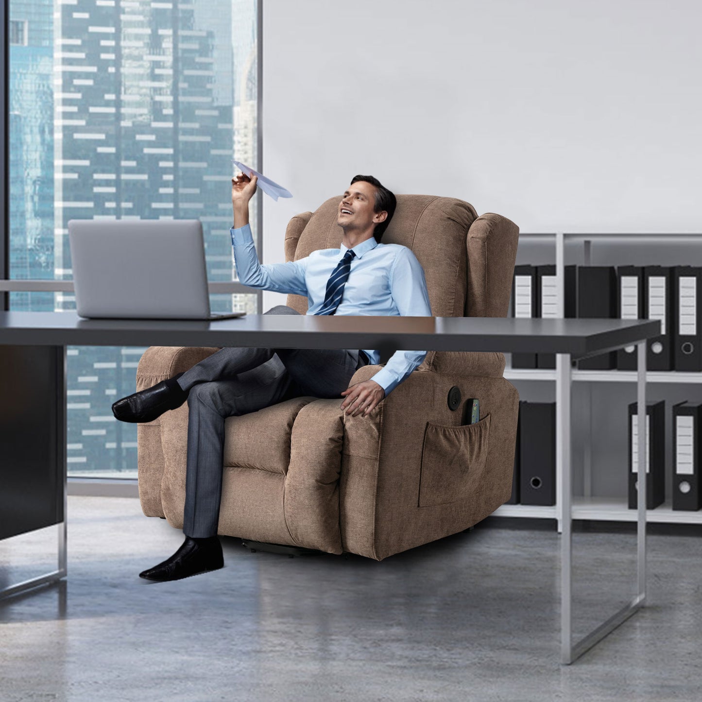 Comfortable taupe recliner chair with side pocket and remote perfect for relaxation