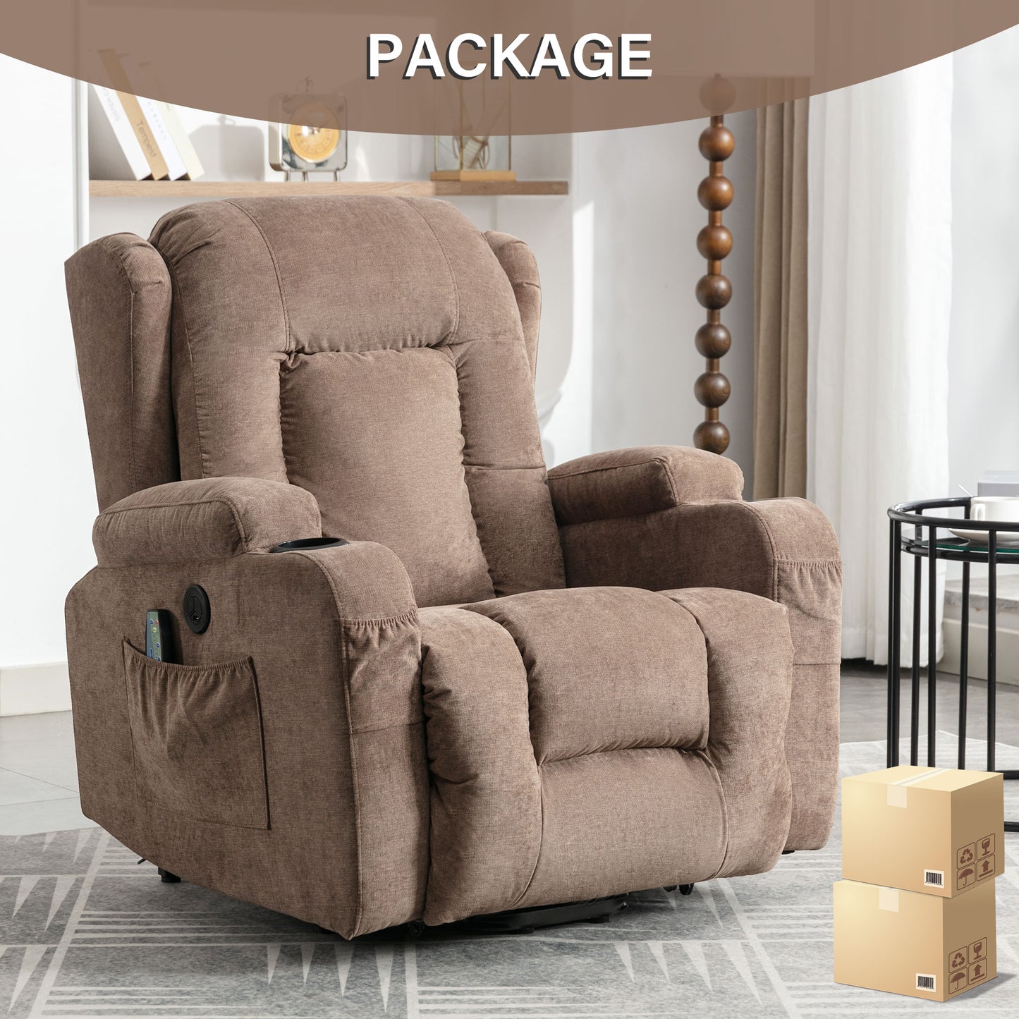 Brown fabric recliner chair with side pockets cup holder and remote