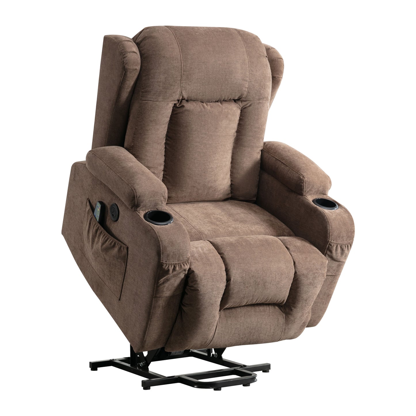 Brown fabric lift recliner chair with cup holders and side pocket