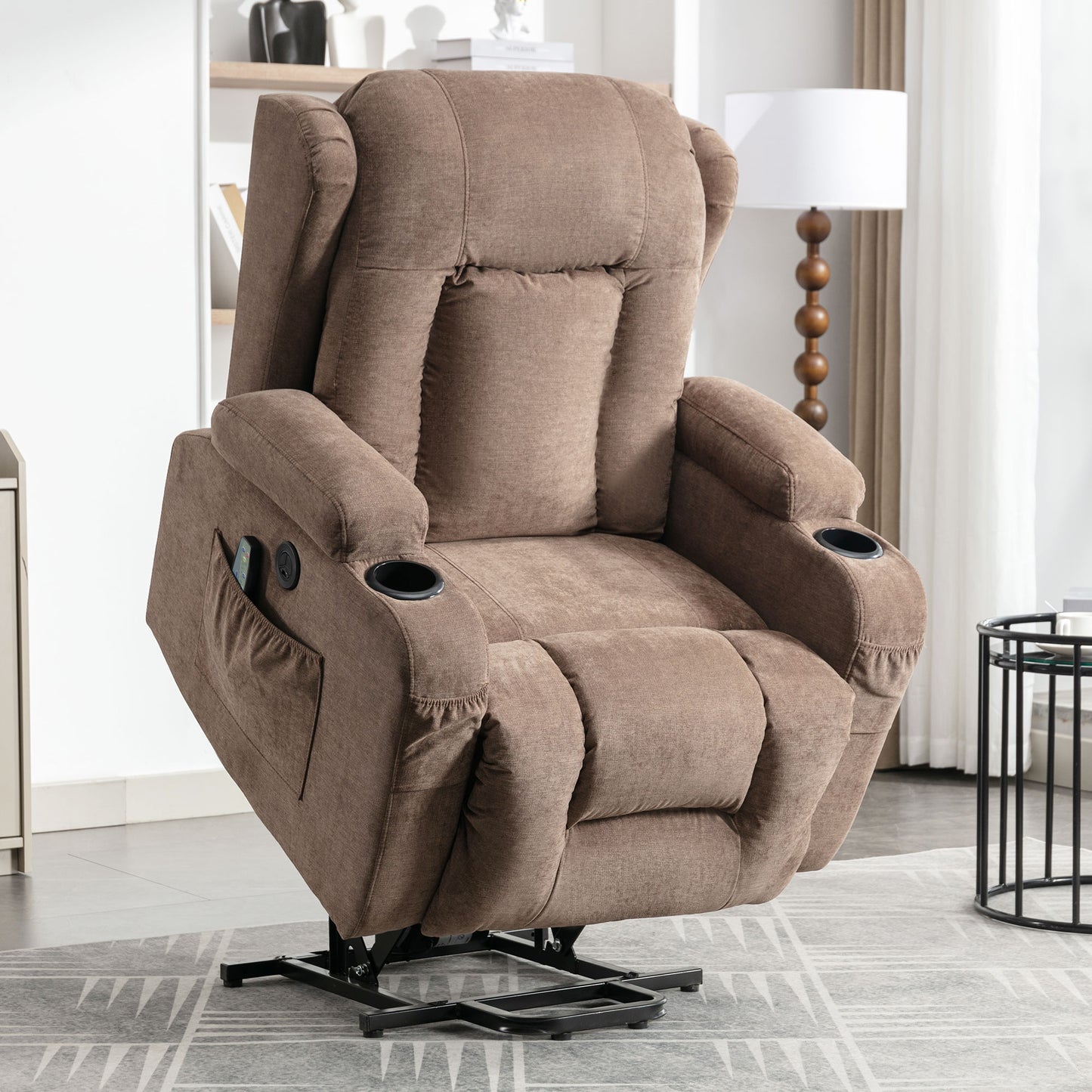 Brown fabric lift recliner chair with plush cushions and cup holders