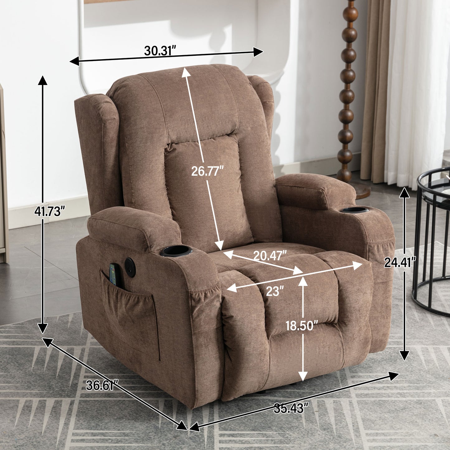 Brown fabric recliner chair with builtin cup holders and side pocket storage
