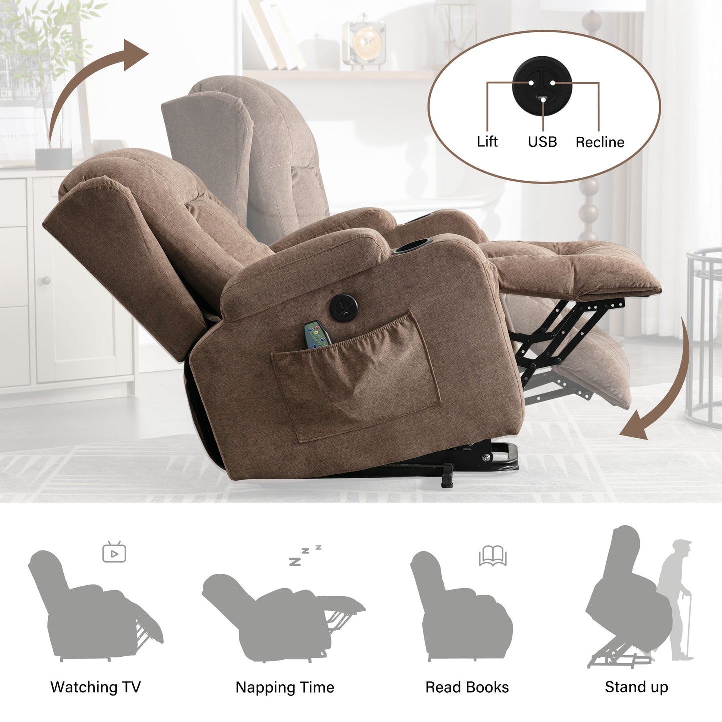 Brown fabric power lift recliner with USB port for seniors