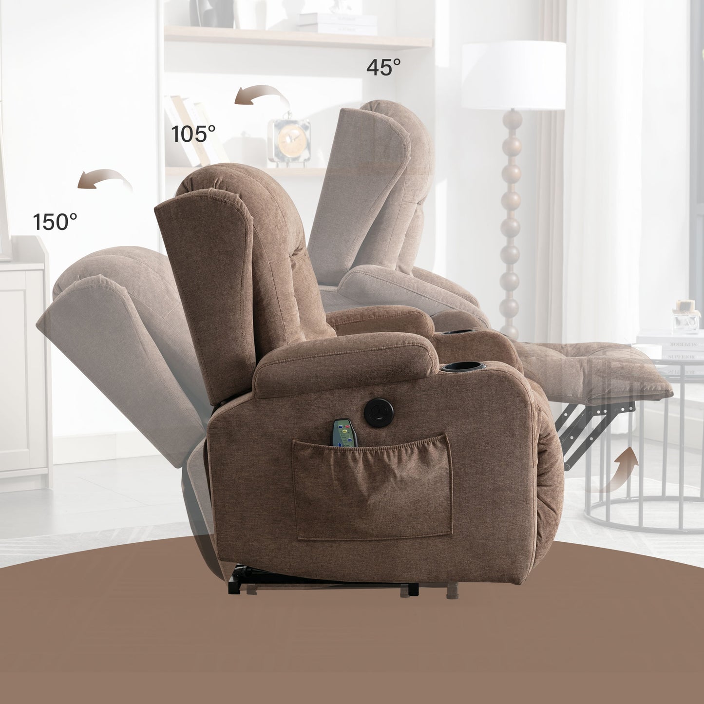 Brown fabric recliner chair demonstrating and degree reclining positions