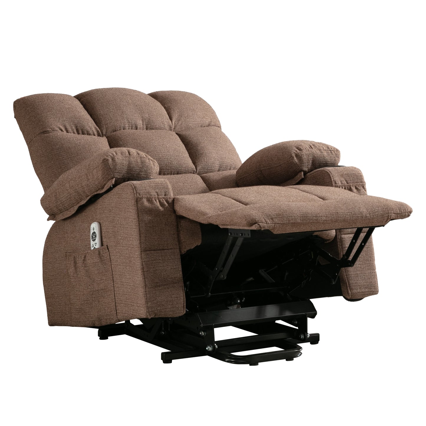 Brown fabric power lift recliner with side pocket and remote