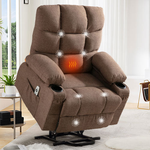 Brown upholstered electric lift recliner with heating and massage functions