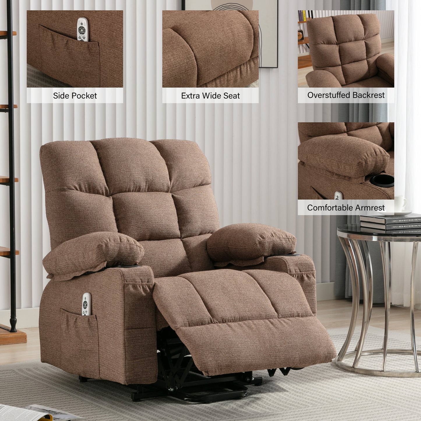 Brown fabric power recliner with convenient side pocket for remote storage