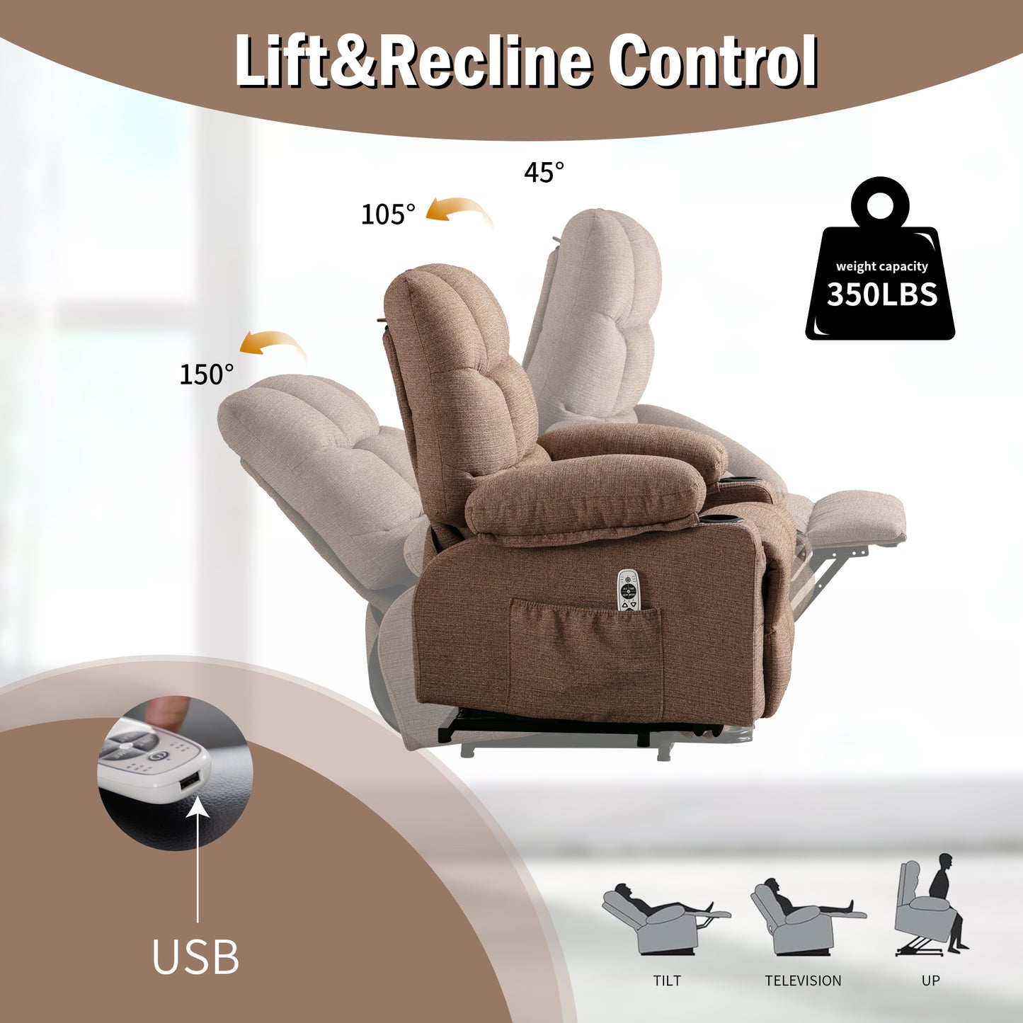 Brown fabric power lift recliner chair showing degree tilt and degree backrest angle