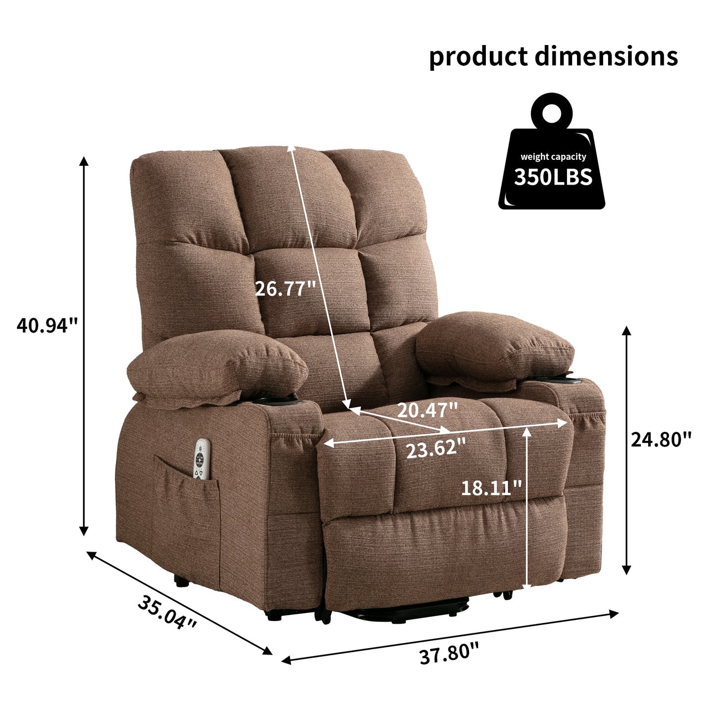 Brown upholstered lift recliner chair with plush cushioning and side pocket