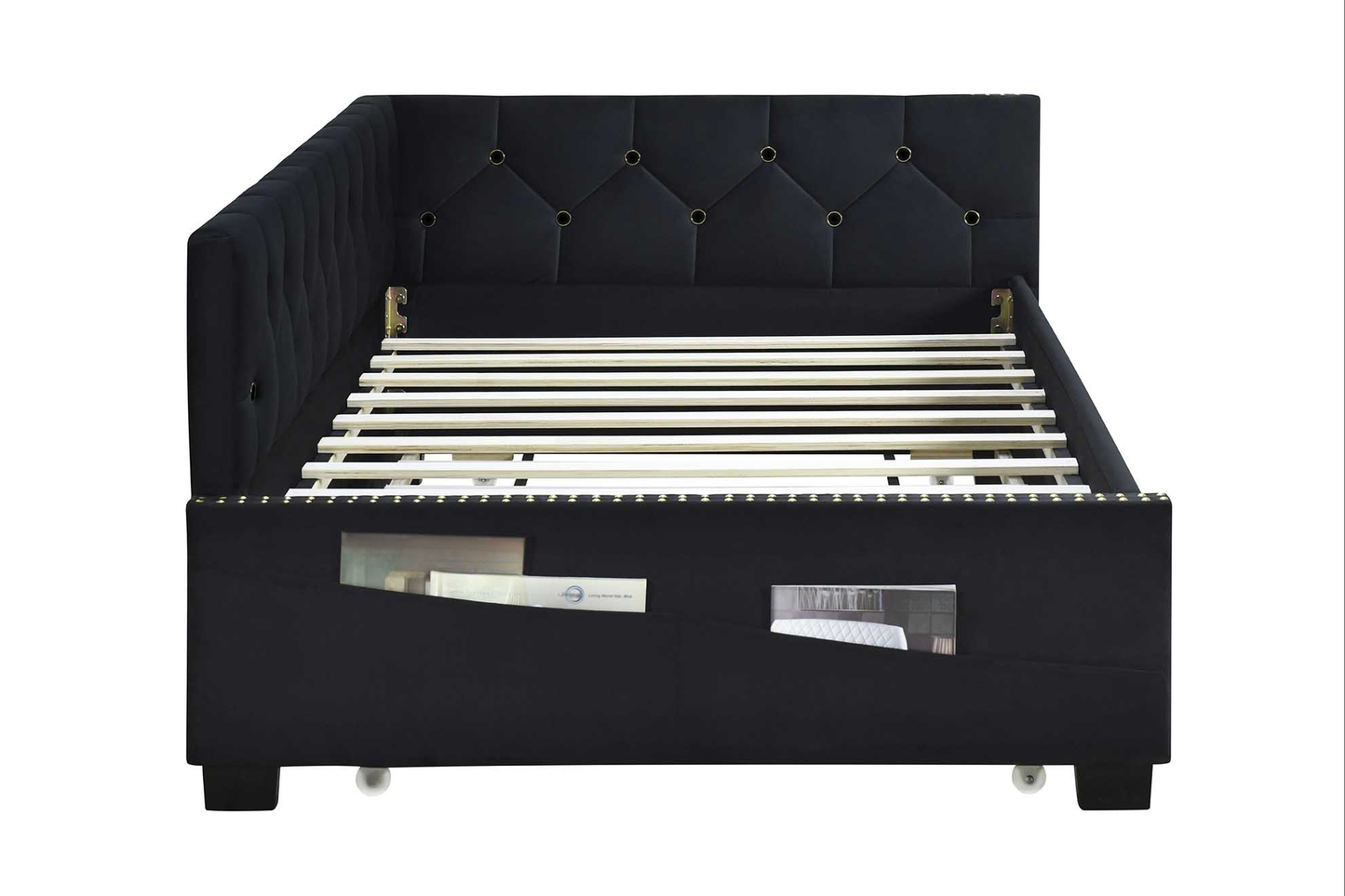 Black velvet tufted headboard bed frame with builtin storage pockets for books