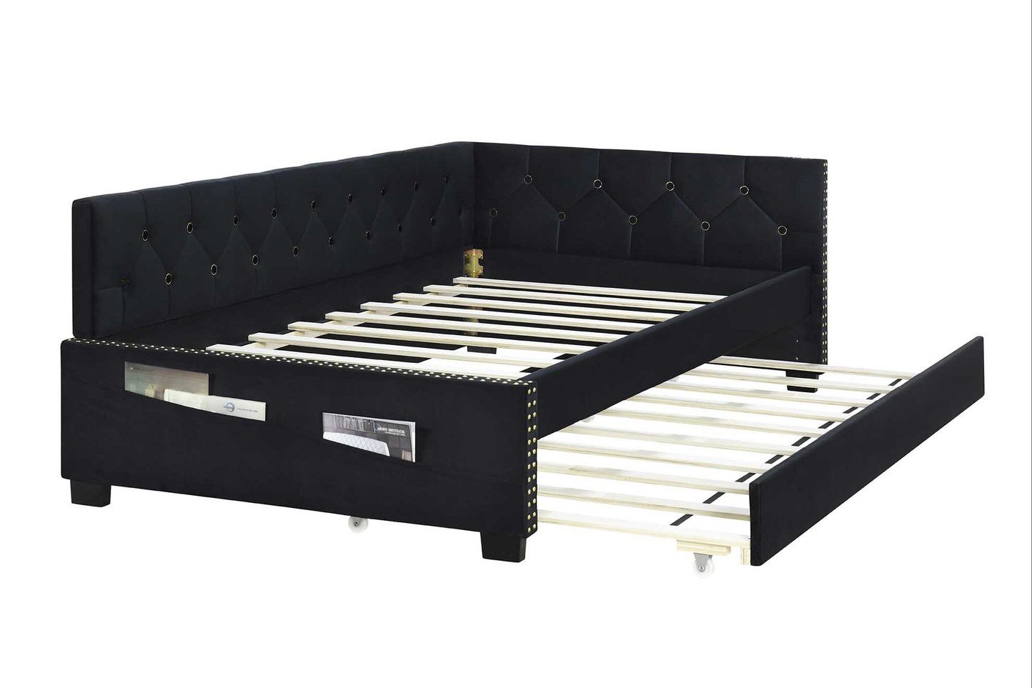 Space-Saving Twin Size Daybed Frame with Trundle in Black Velvet
