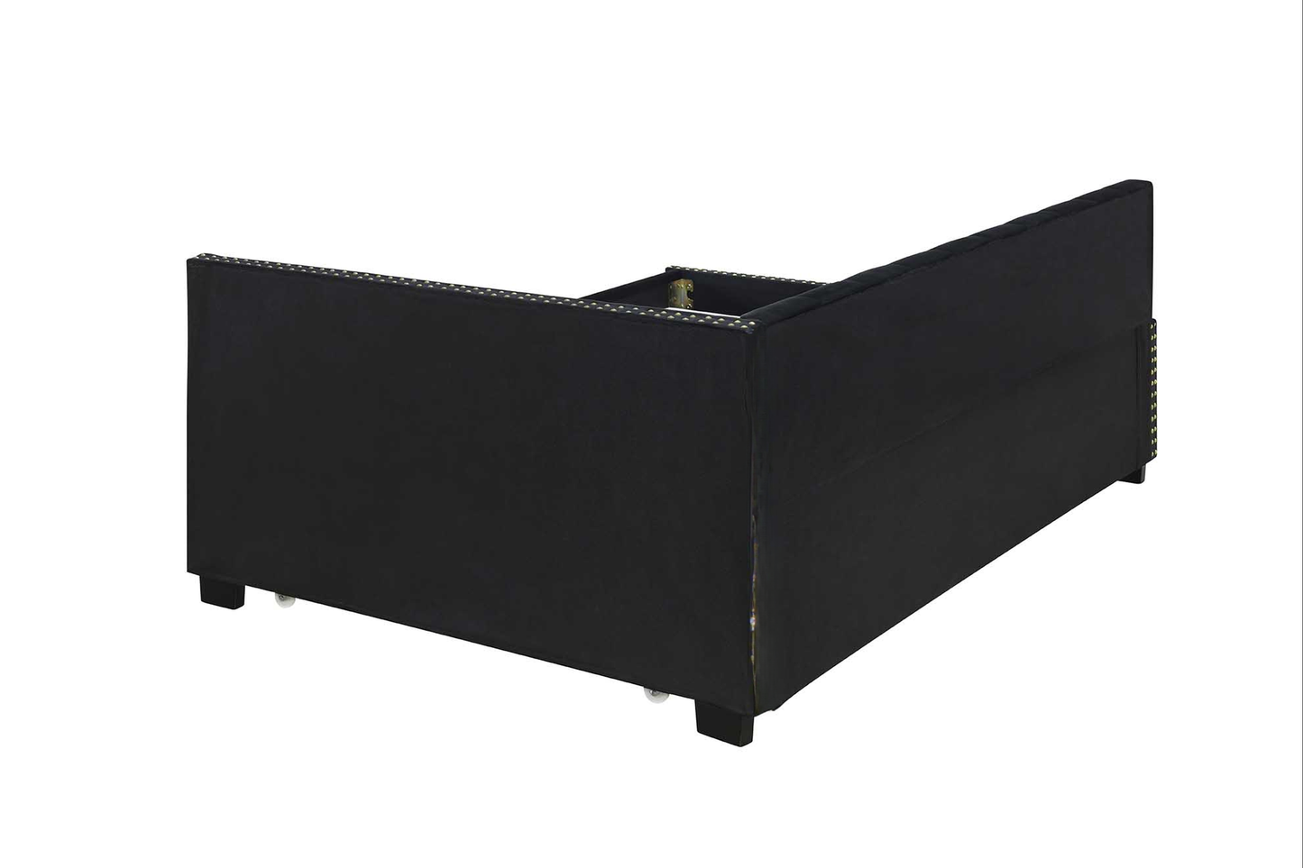 Black upholstered bed frame with studded trim and wooden legs