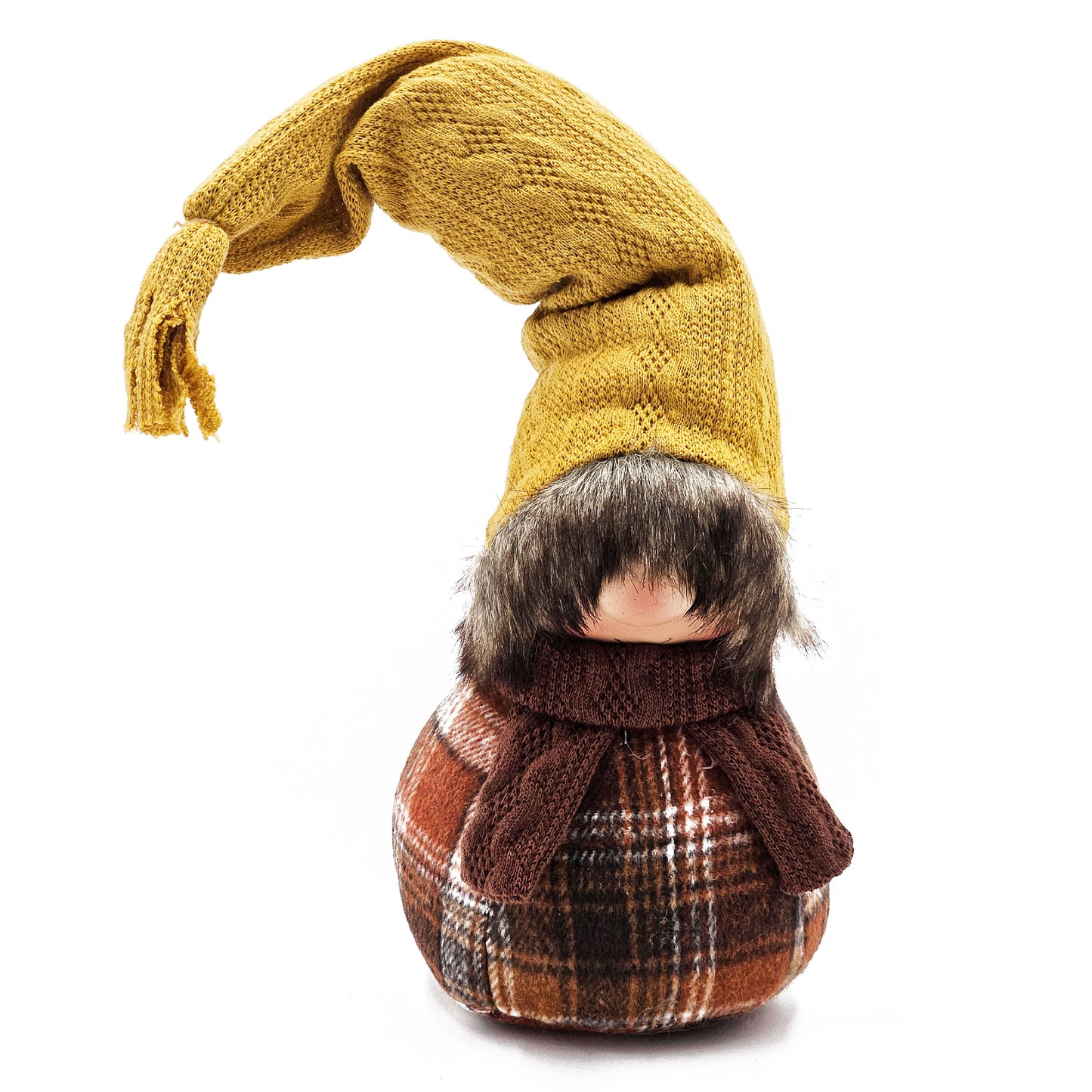 Yellow knitted gnome with plaid body and brown scarf