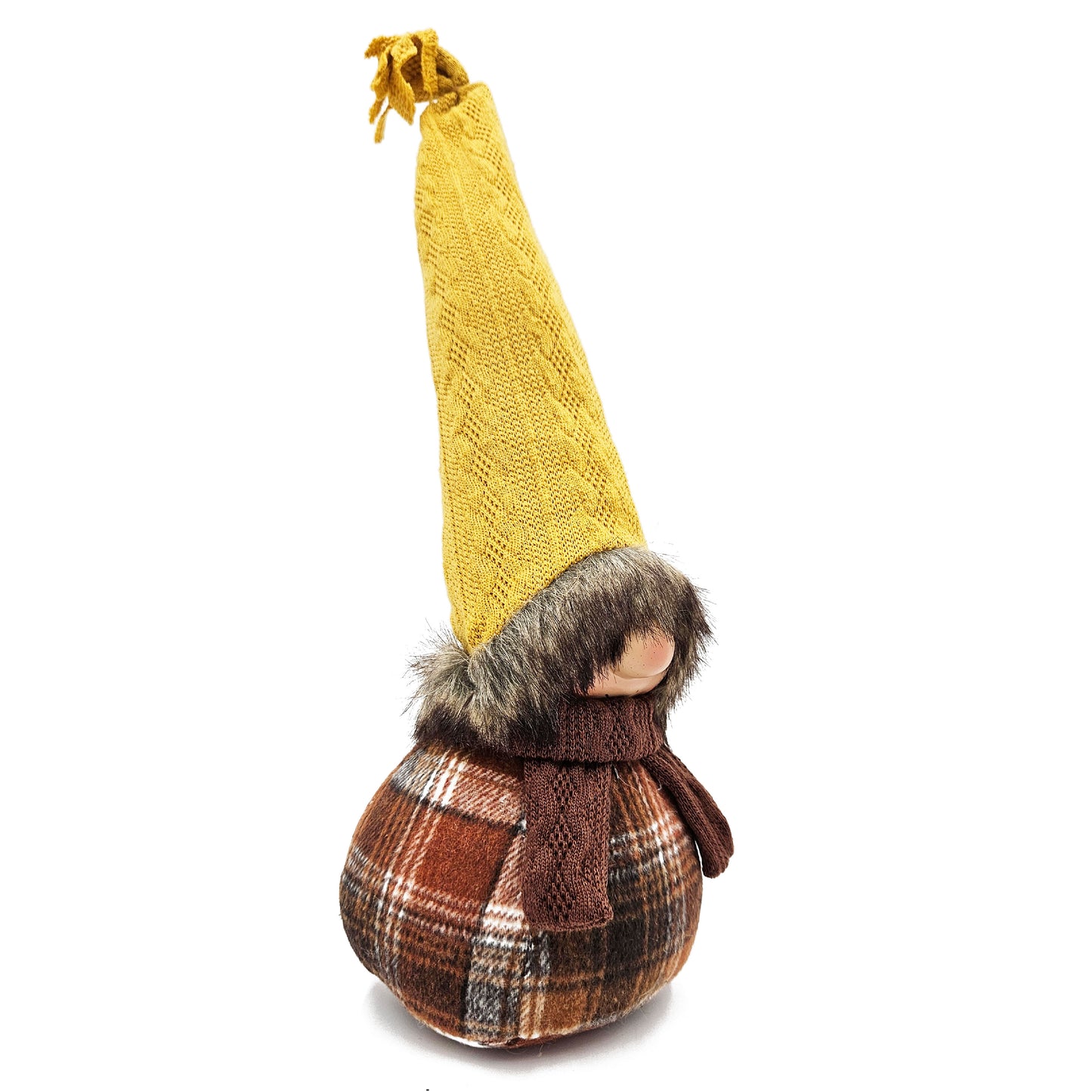 Charming plush gnome with a long yellow knit hat and brown plaid body