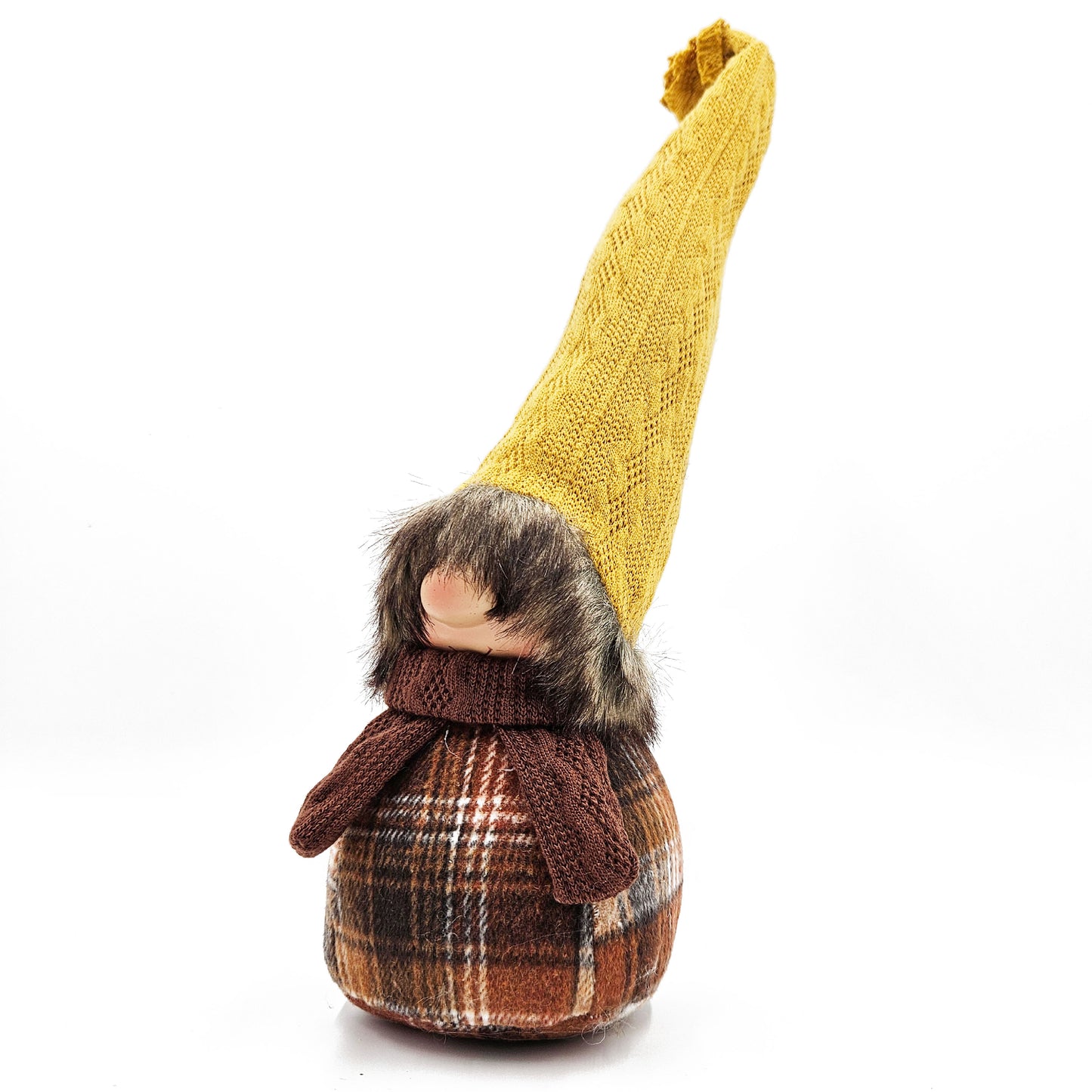Brown plaid gnome with yellow knitted hat and faux fur trim