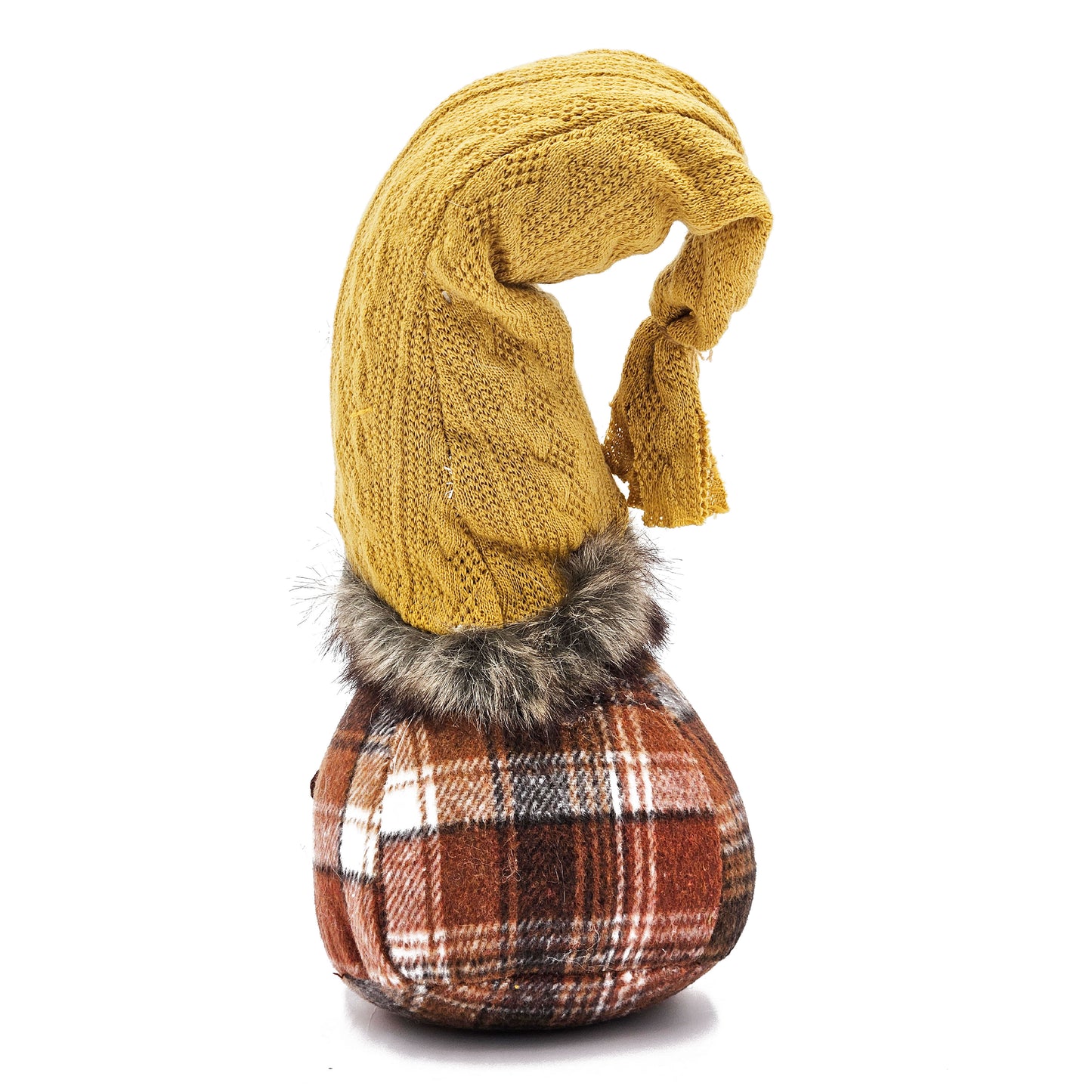 Yellow knitted gnome with plaid base and faux fur trim festive holiday decor