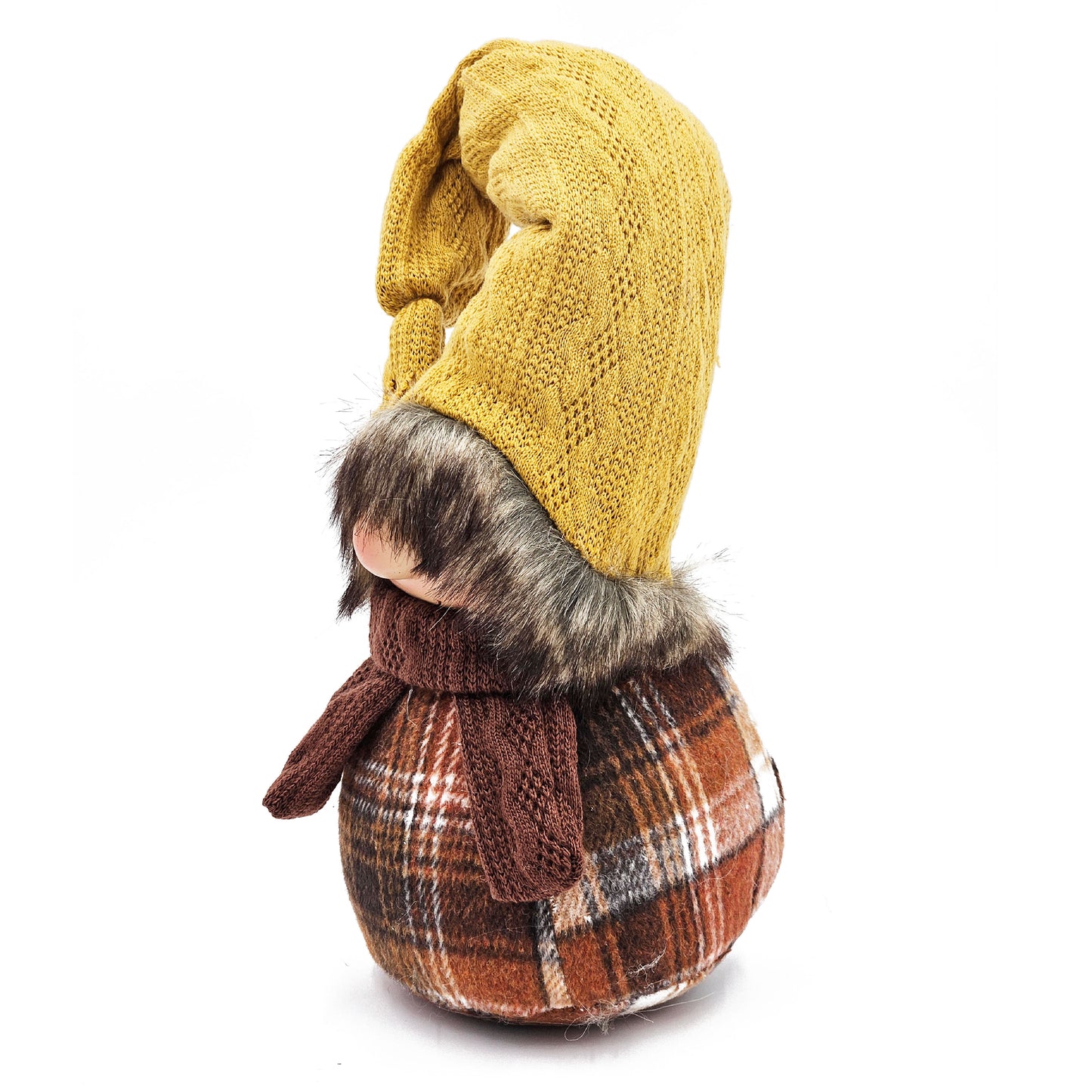 Cozy gnome figurine with a yellow knit hat plaid body and faux fur trim perfect for holiday decor
