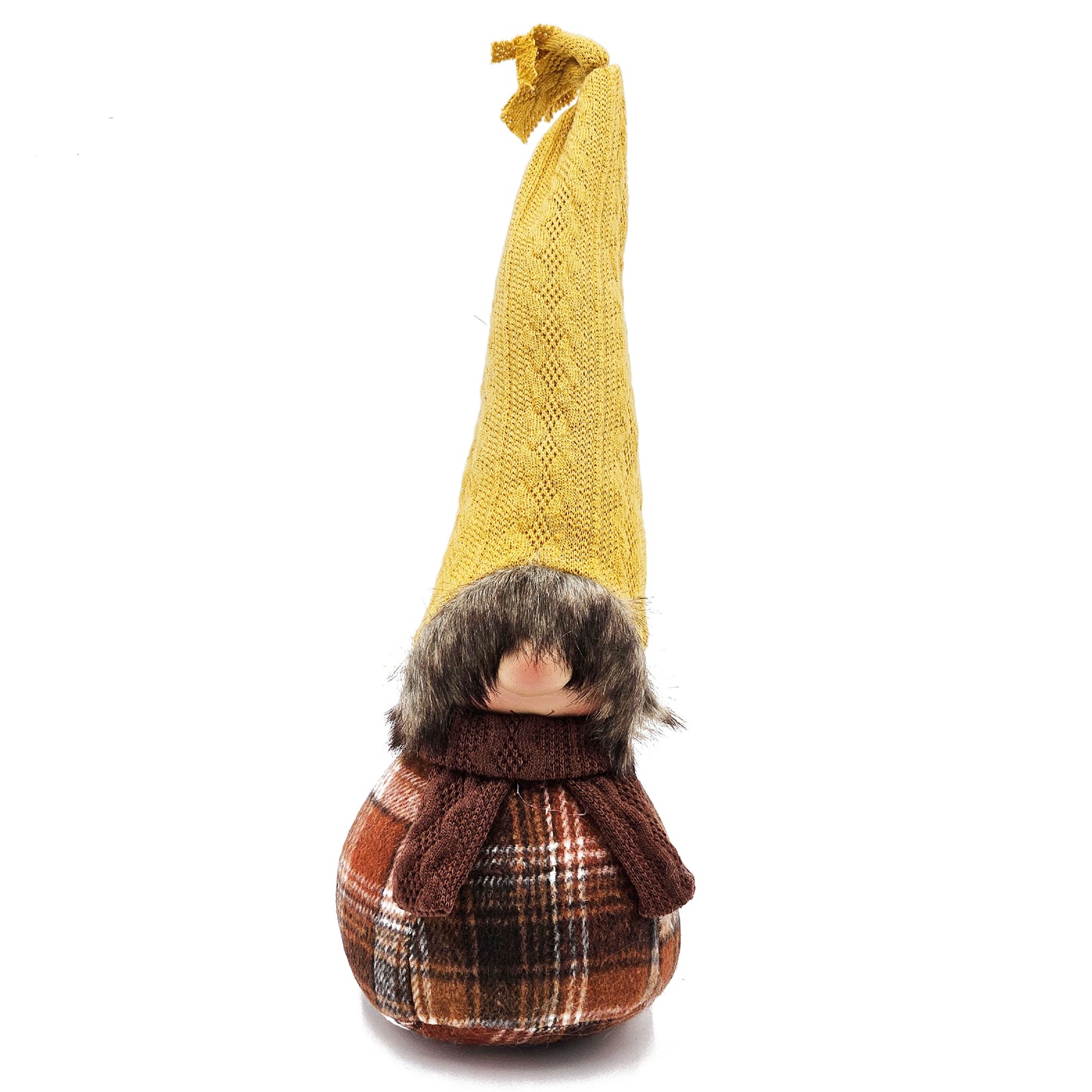 Yellow knit gnome with long pointy hat brown plaid body and fuzzy hair