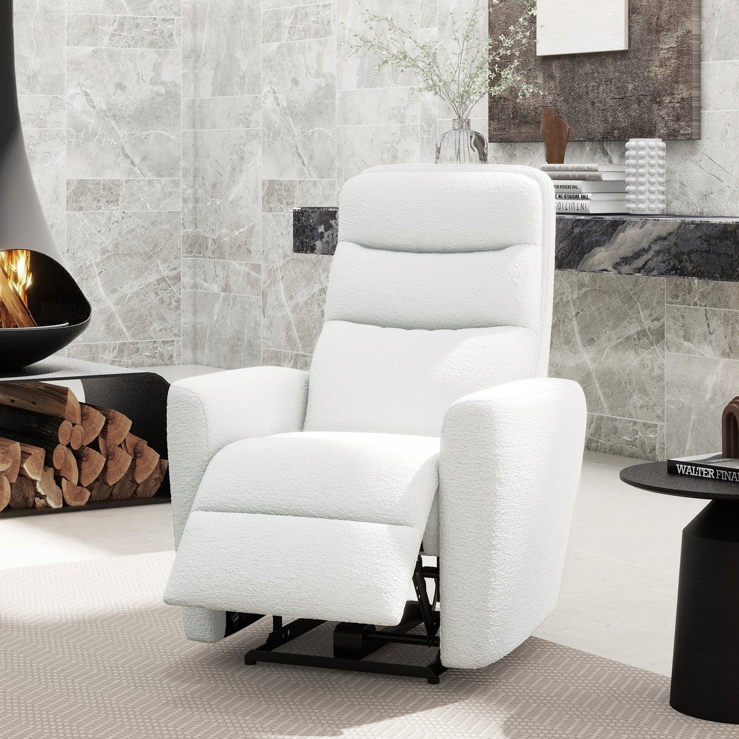 Plush white fabric recliner chair with plush upholstery perfect for cozy living rooms