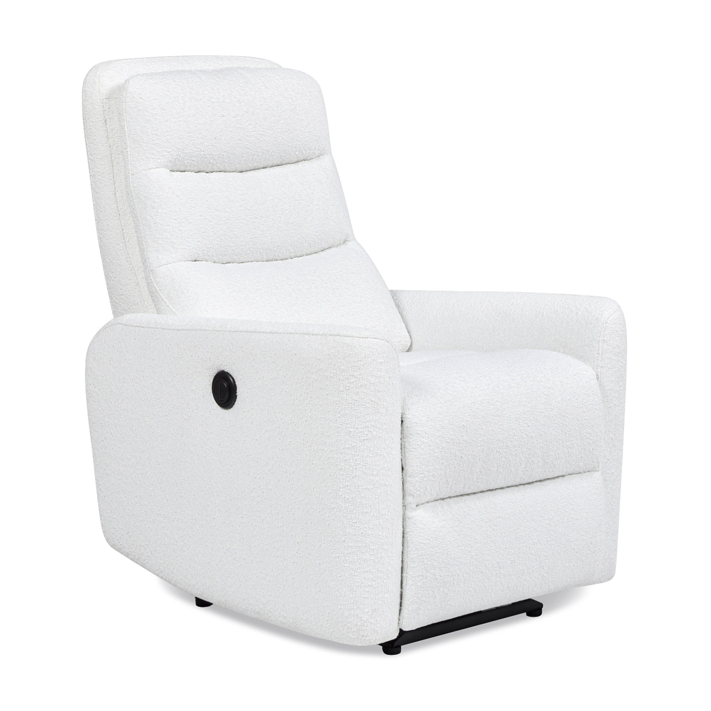 Plush white boucle fabric recliner chair with a modern design and integrated power control