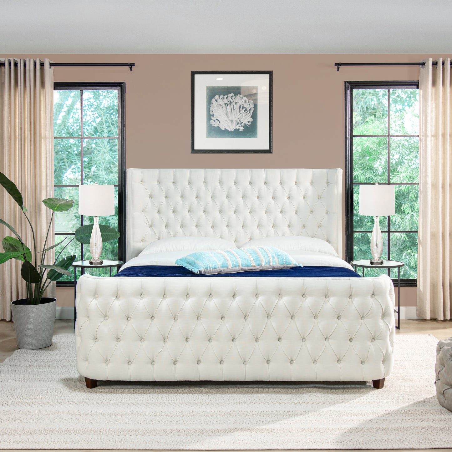White tufted leather king bed frame with plush headboard and footboard ideal for luxury bedrooms