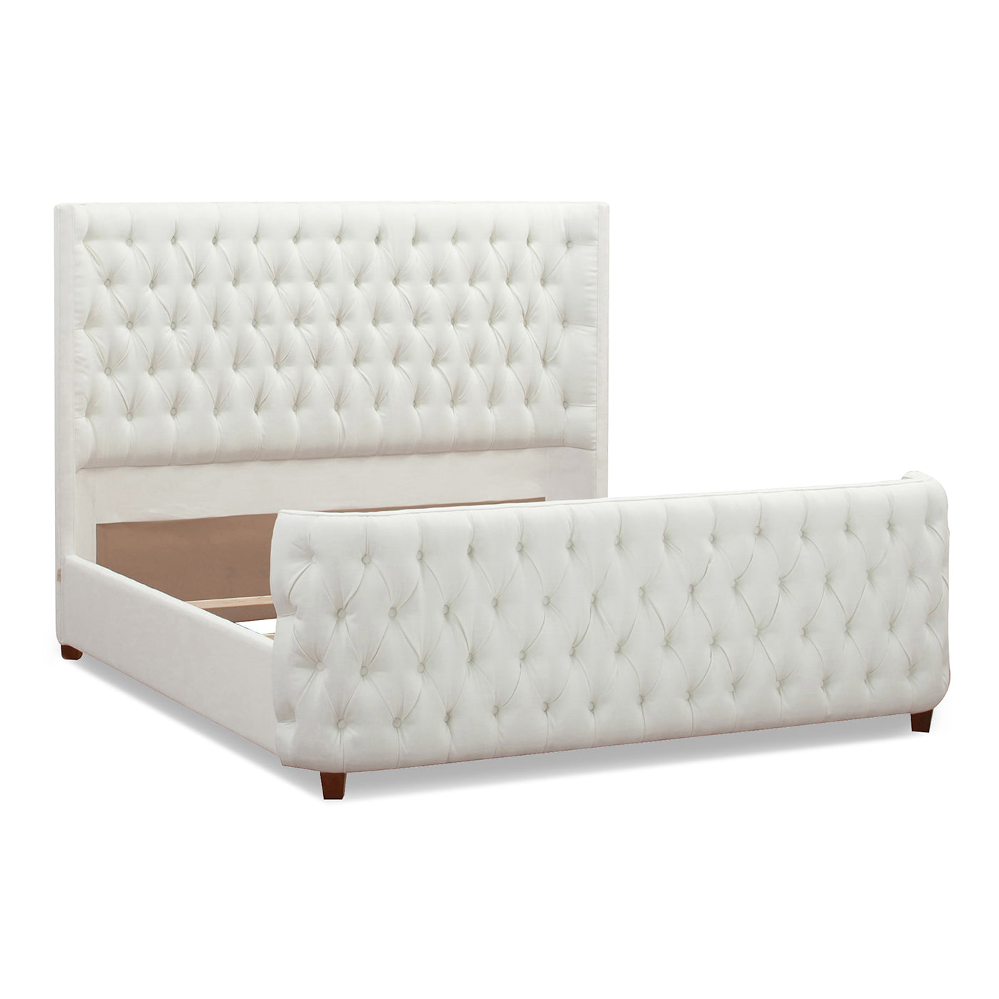 White tufted upholstered sleigh bed frame with diamond stitching and wooden legs