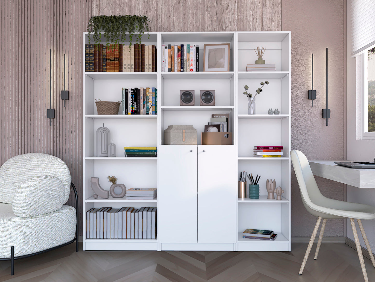 White modular bookshelf filled with books decor and storage baskets